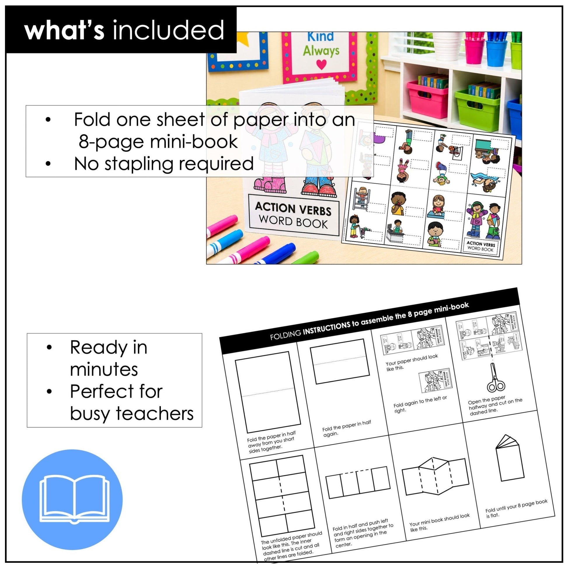 Action Verbs Mini Word Book | ESL Picture Dictionary Activity - Hot Chocolate Teachables