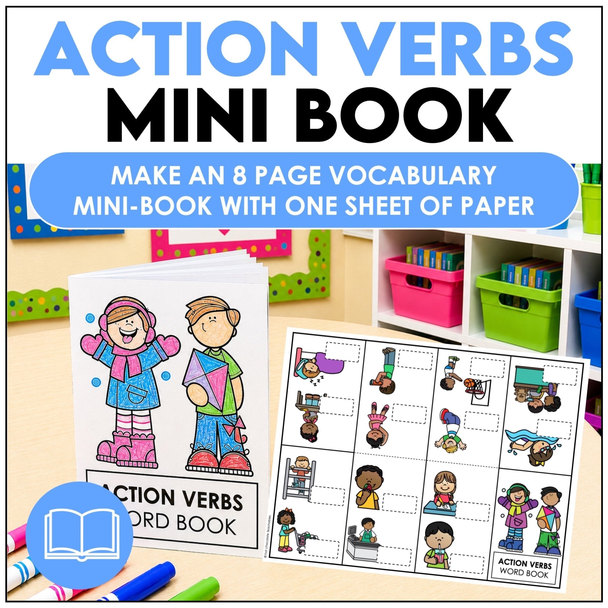 Action Verbs Mini Word Book | ESL Picture Dictionary Activity - Hot Chocolate Teachables