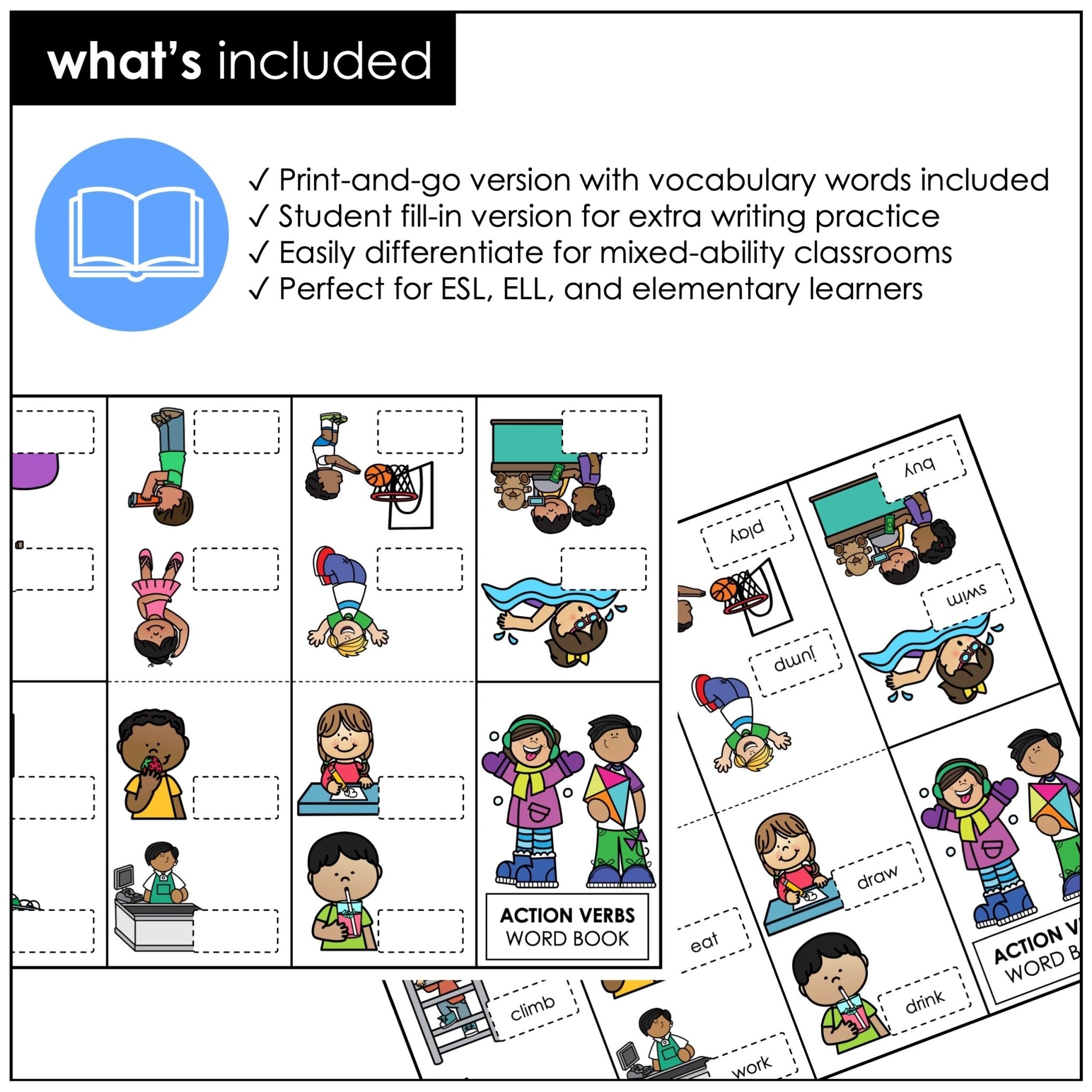 Action Verbs Mini Word Book | ESL Picture Dictionary Activity - Hot Chocolate Teachables