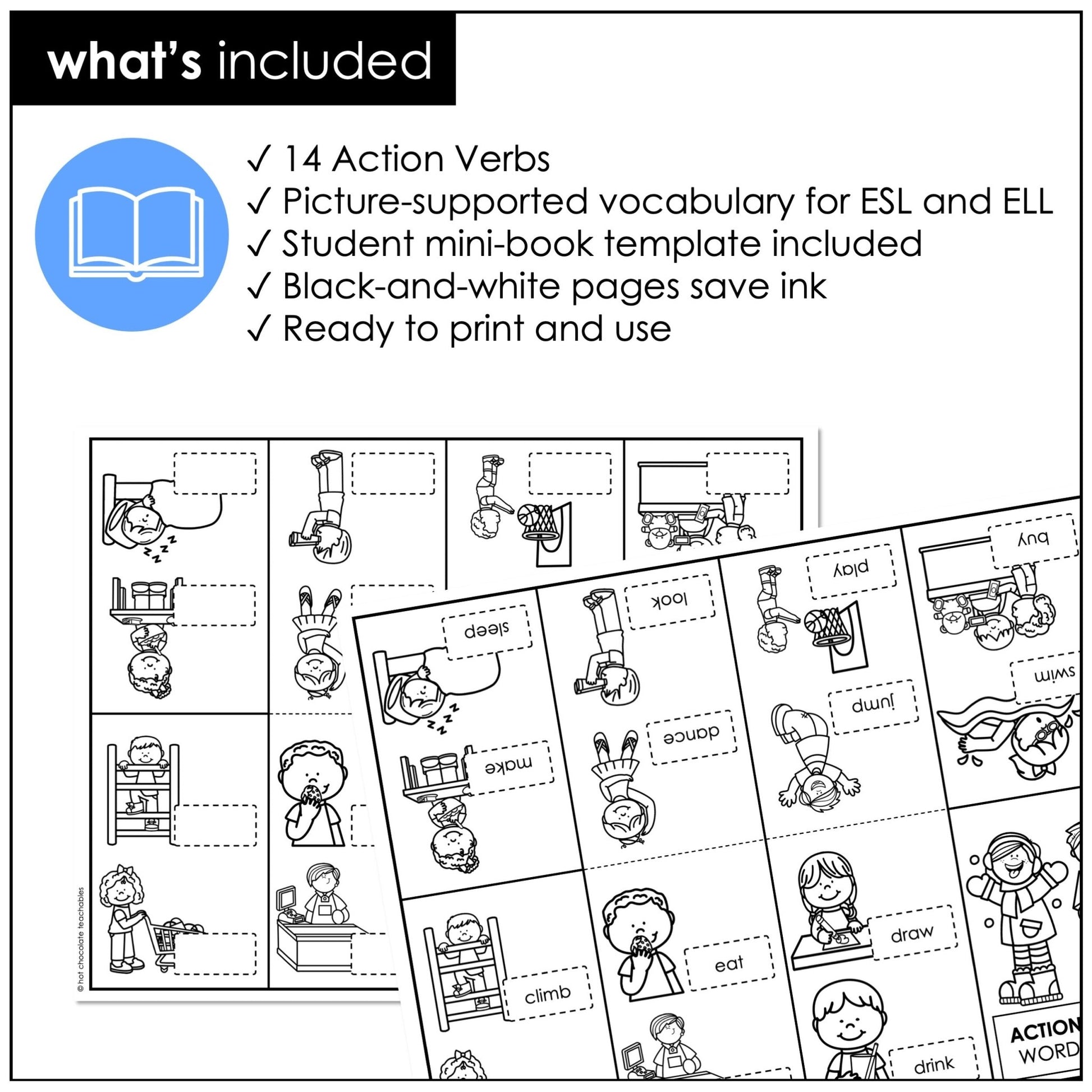 Action Verbs Mini Word Book | ESL Picture Dictionary Activity - Hot Chocolate Teachables