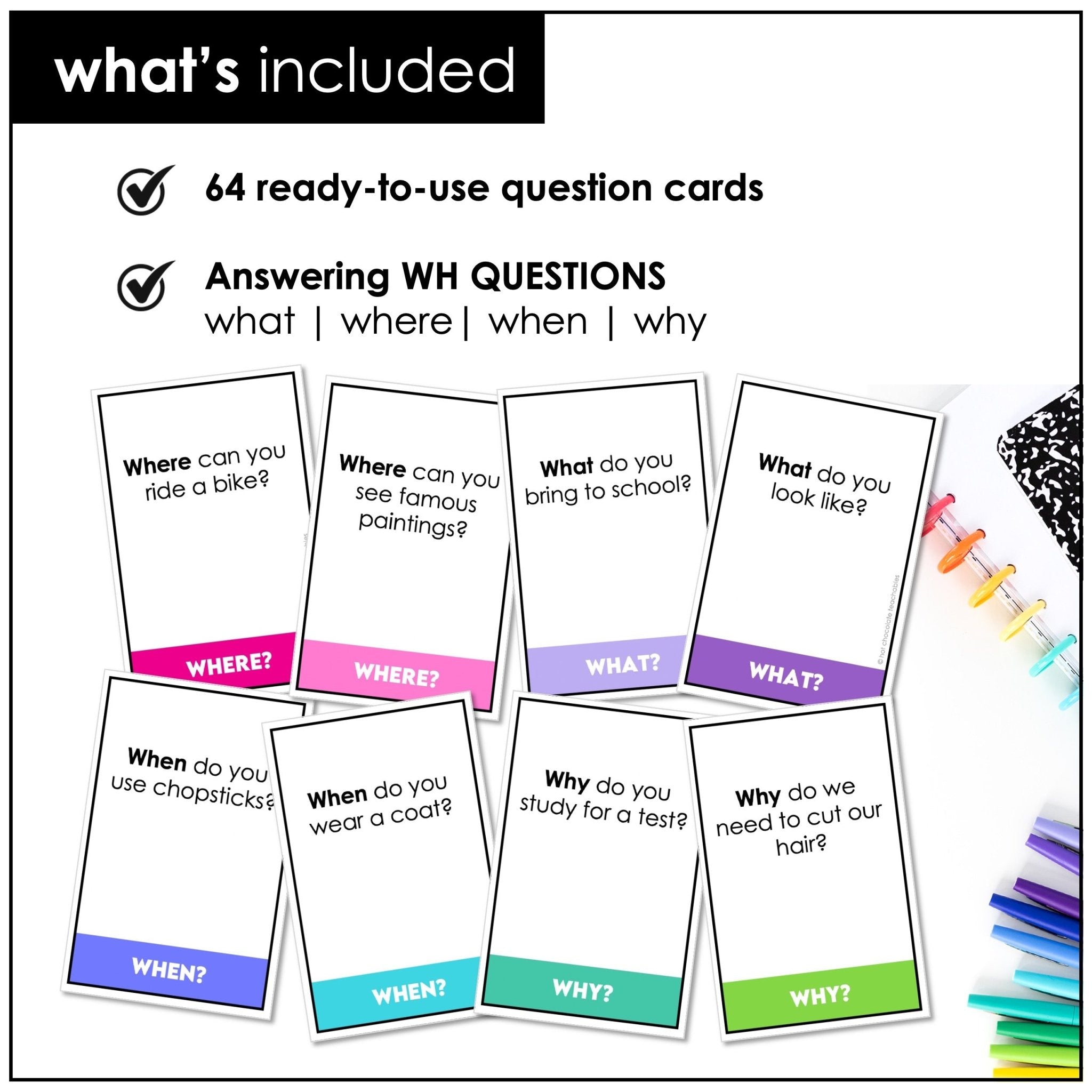 Answering WH Questions | ESL Conversation Speaking Prompt Cards What, When, Where & Why - Hot Chocolate Teachables