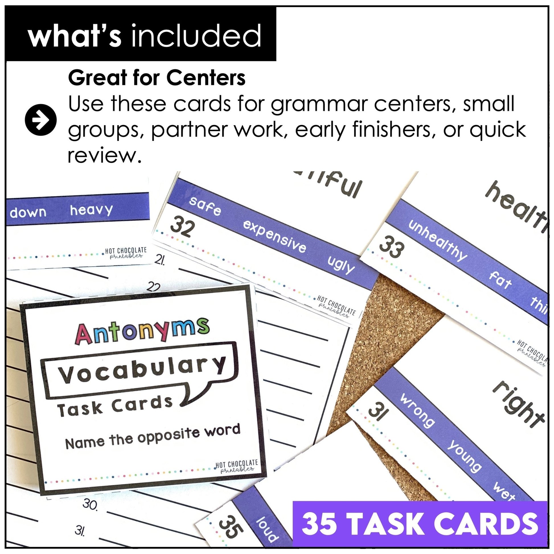 Antonym Task Cards : What's the opposite? - Hot Chocolate Teachables