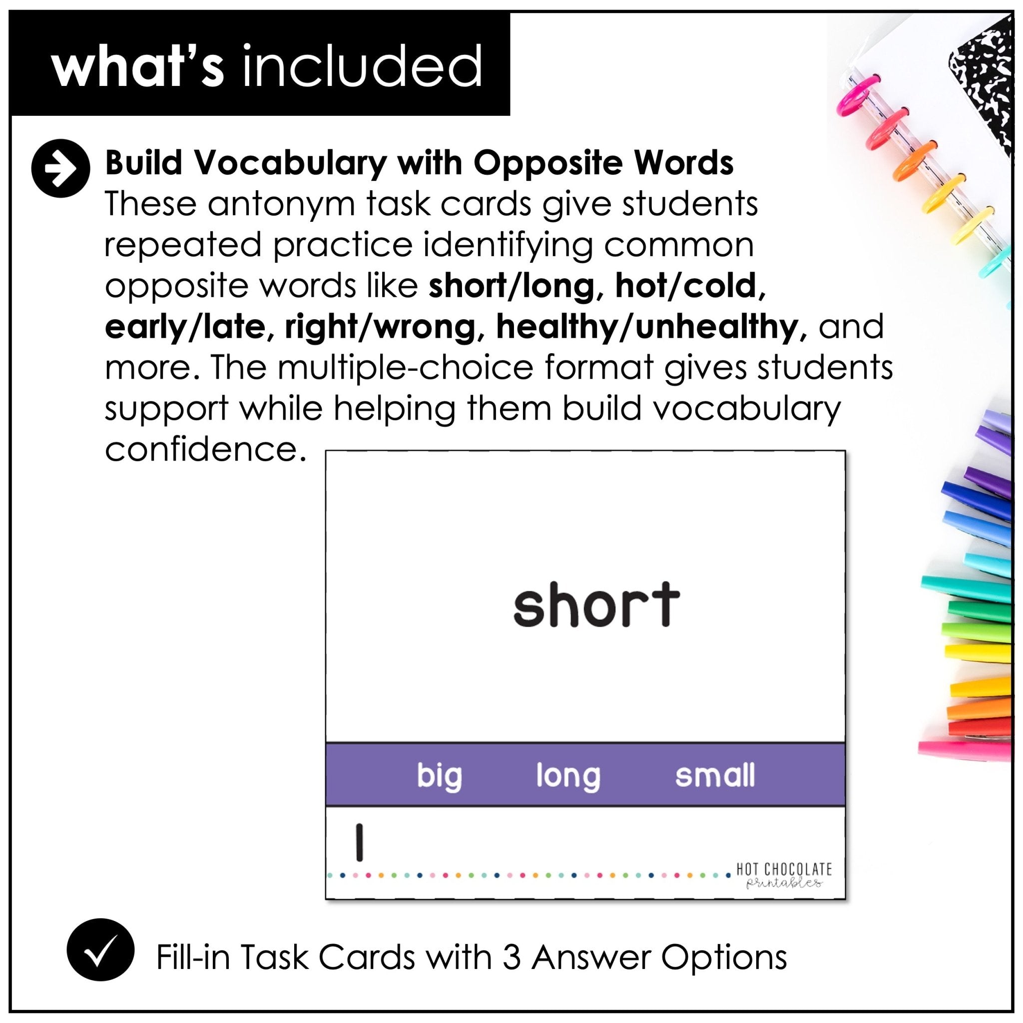 Antonym Task Cards : What's the opposite? - Hot Chocolate Teachables