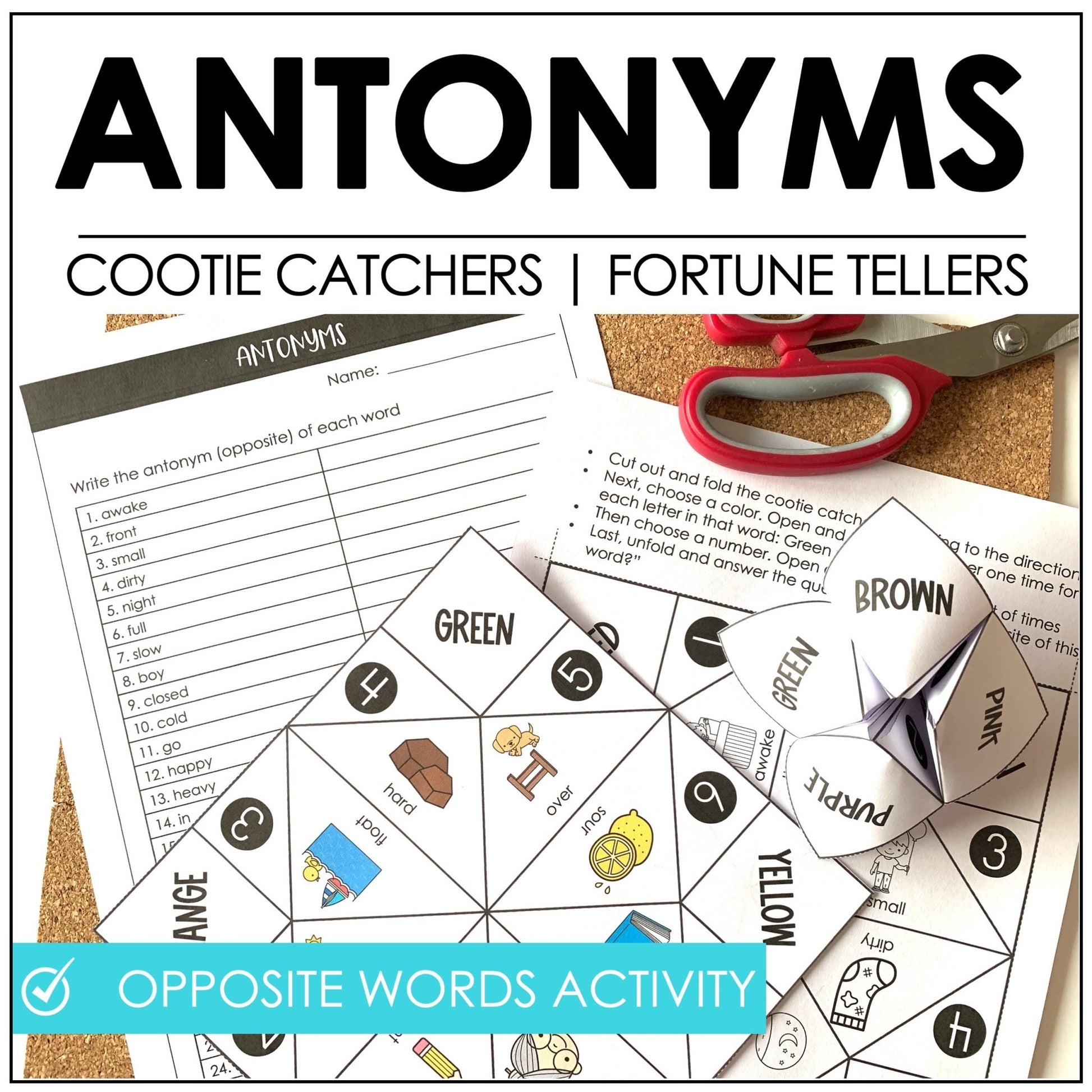 Antonyms Activity : What's the Opposite? Cootie Catcher - Fortune Tellers - Hot Chocolate Teachables
