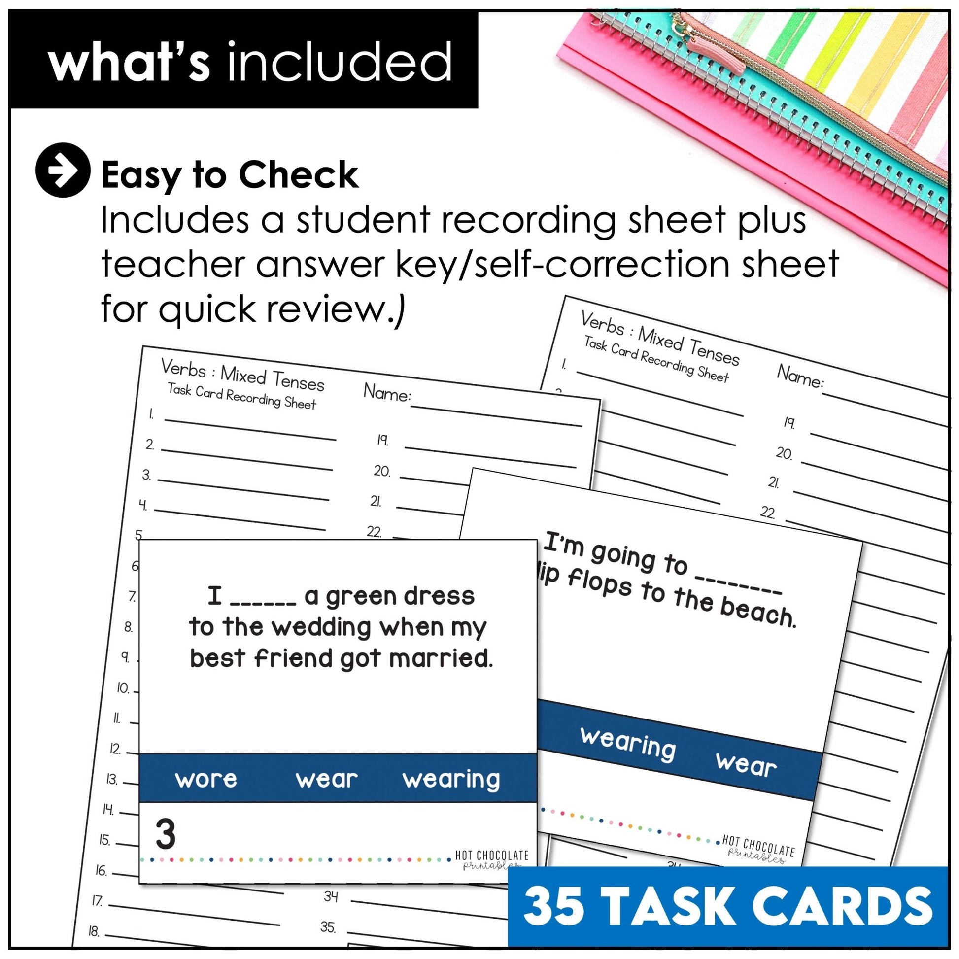 Choose a Verb Tense Task Cards: Present Simple & Continuous, Past Simple, Future - Hot Chocolate Teachables