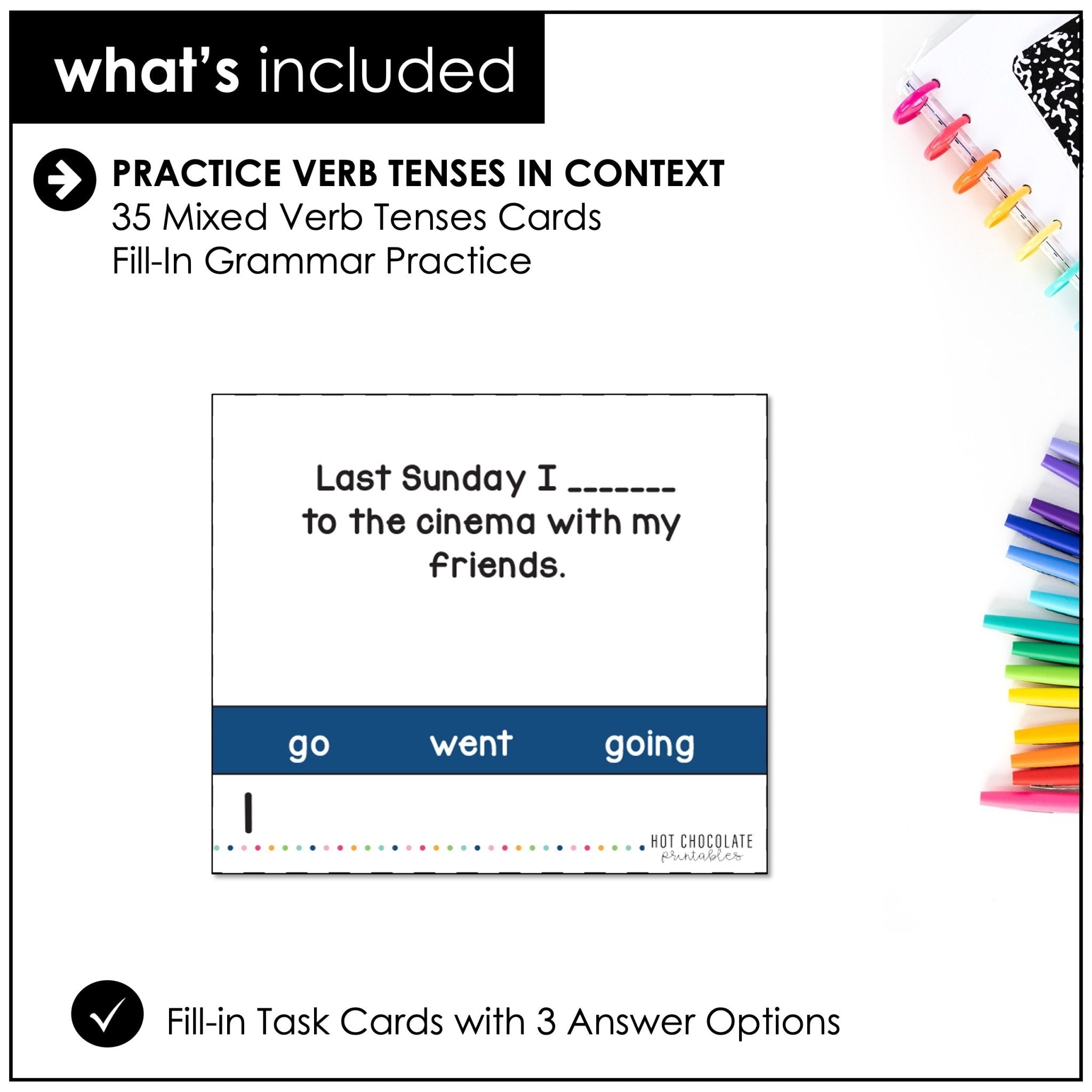 Choose a Verb Tense Task Cards: Present Simple & Continuous, Past Simple, Future - Hot Chocolate Teachables