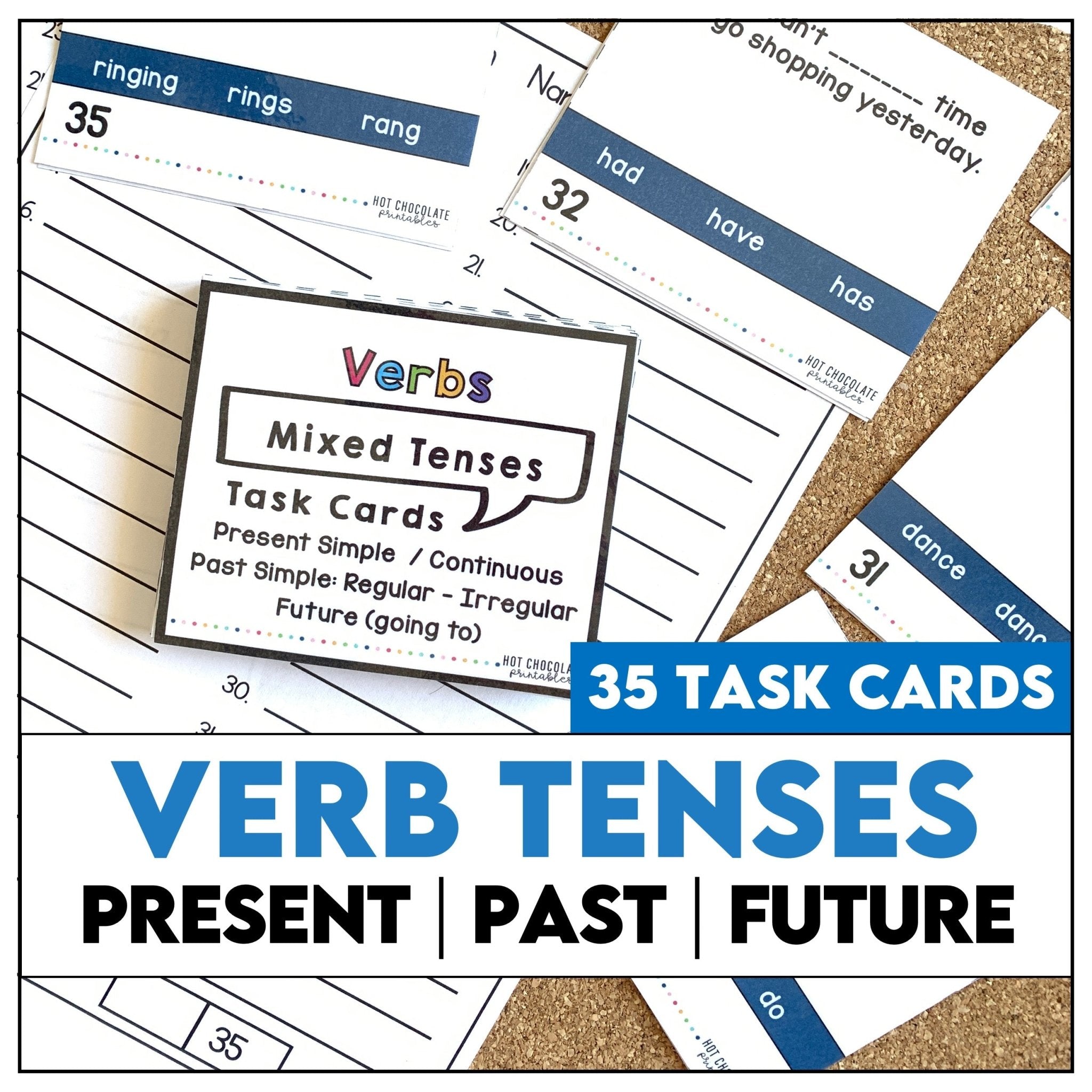 Choose a Verb Tense Task Cards: Present Simple & Continuous, Past Simple, Future - Hot Chocolate Teachables