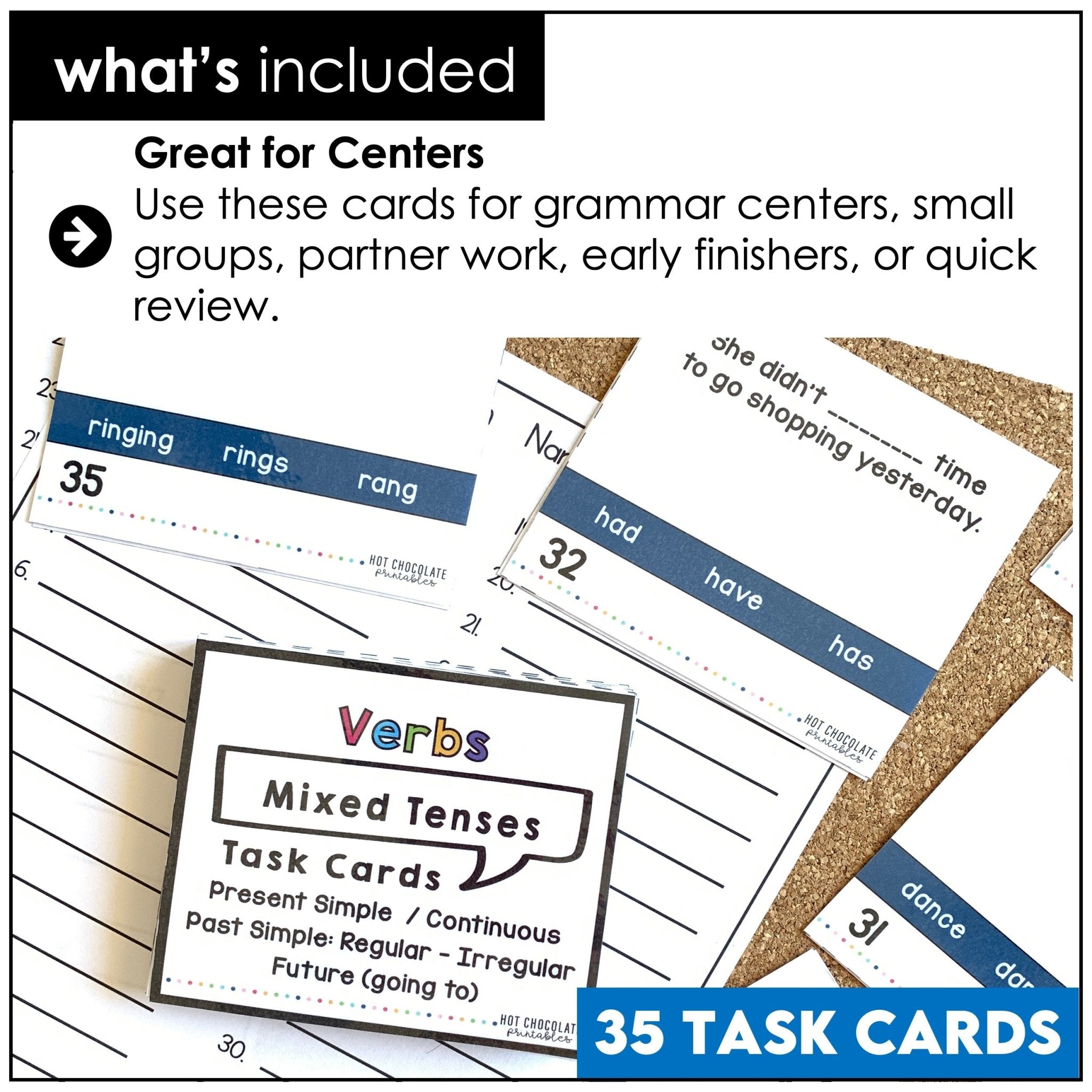 Choose a Verb Tense Task Cards: Present Simple & Continuous, Past Simple, Future - Hot Chocolate Teachables
