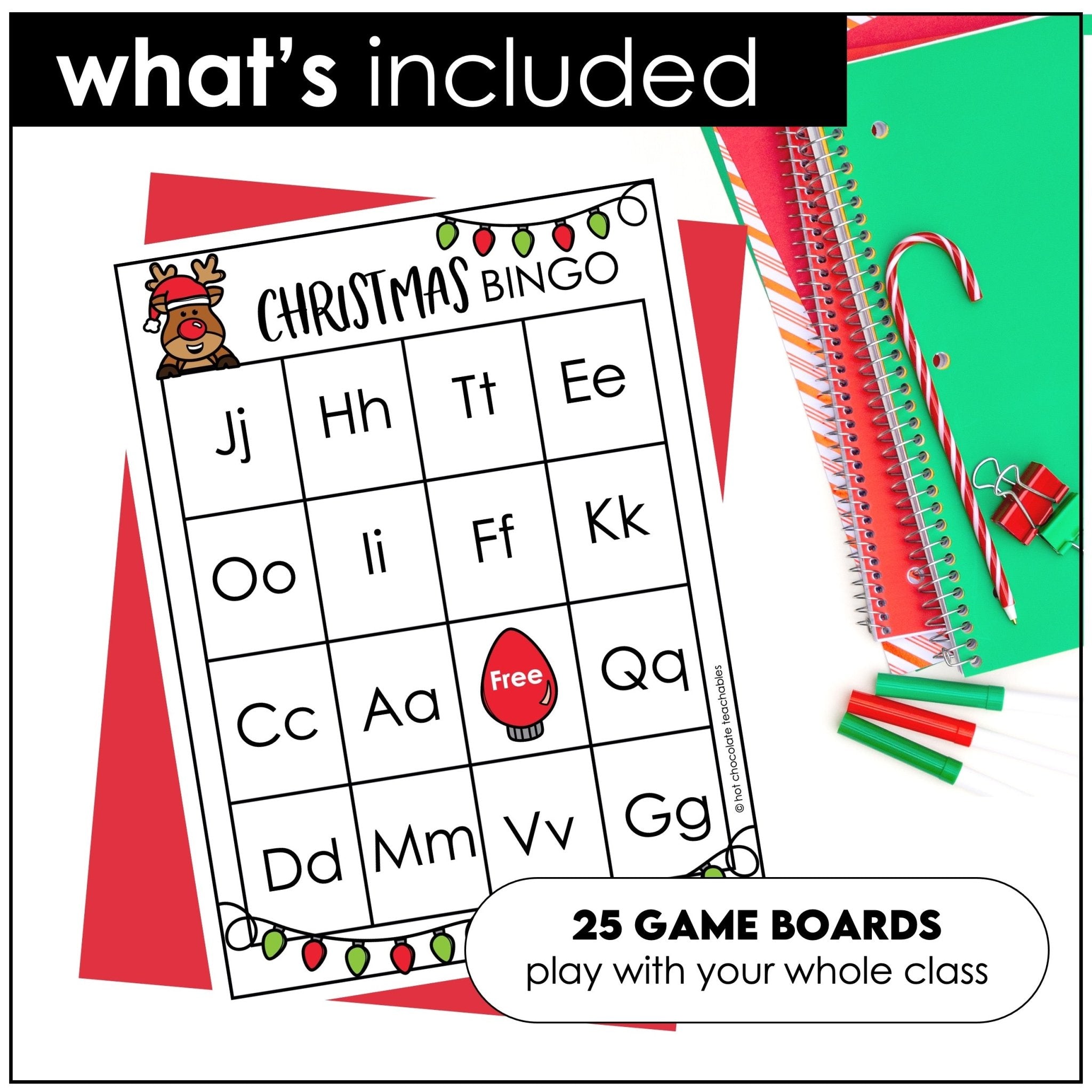 Christmas Alphabet Bingo Game Cards - Hot Chocolate Teachables