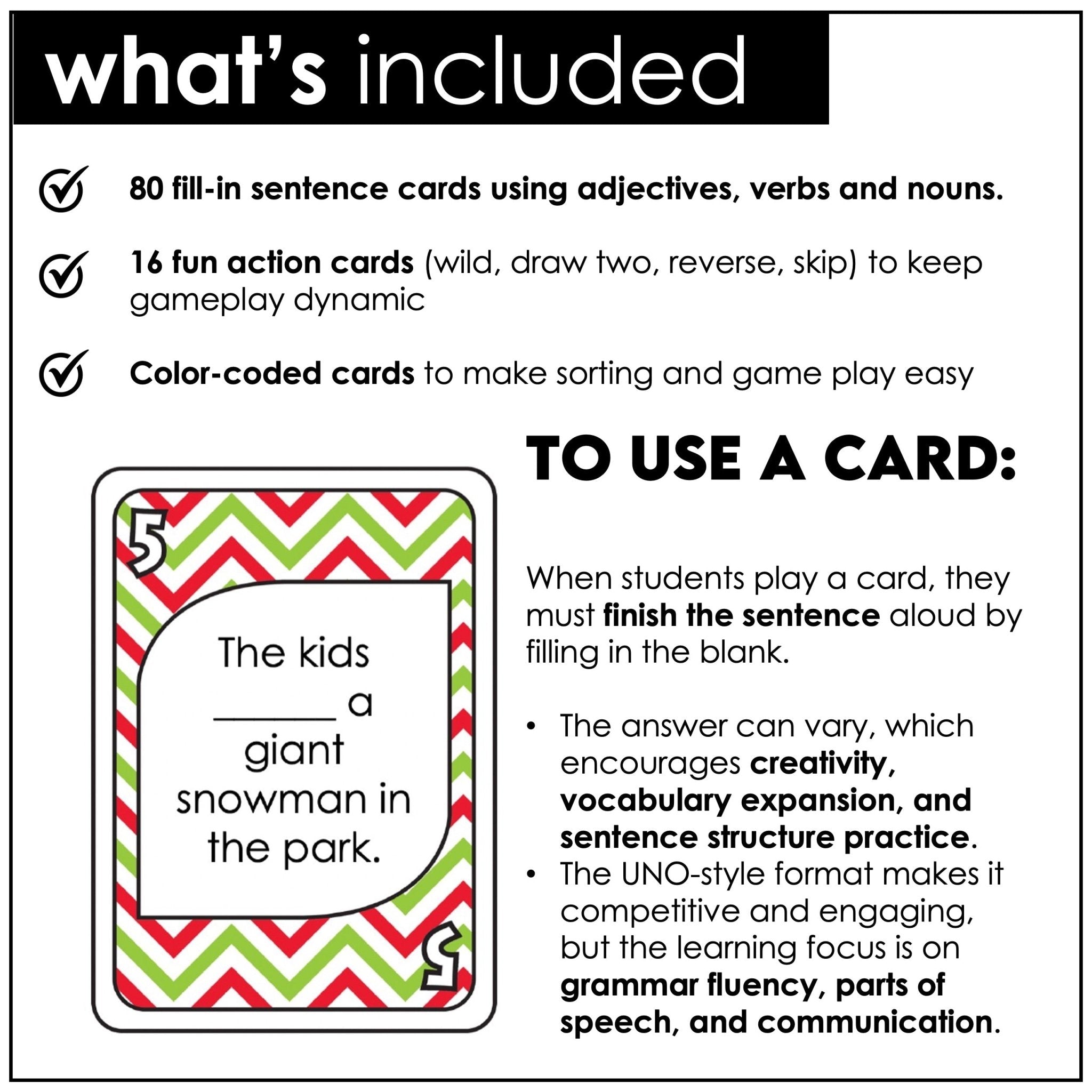 Christmas Card Game – Finish the Sentence with Adjectives, Nouns & Verbs - Hot Chocolate Teachables