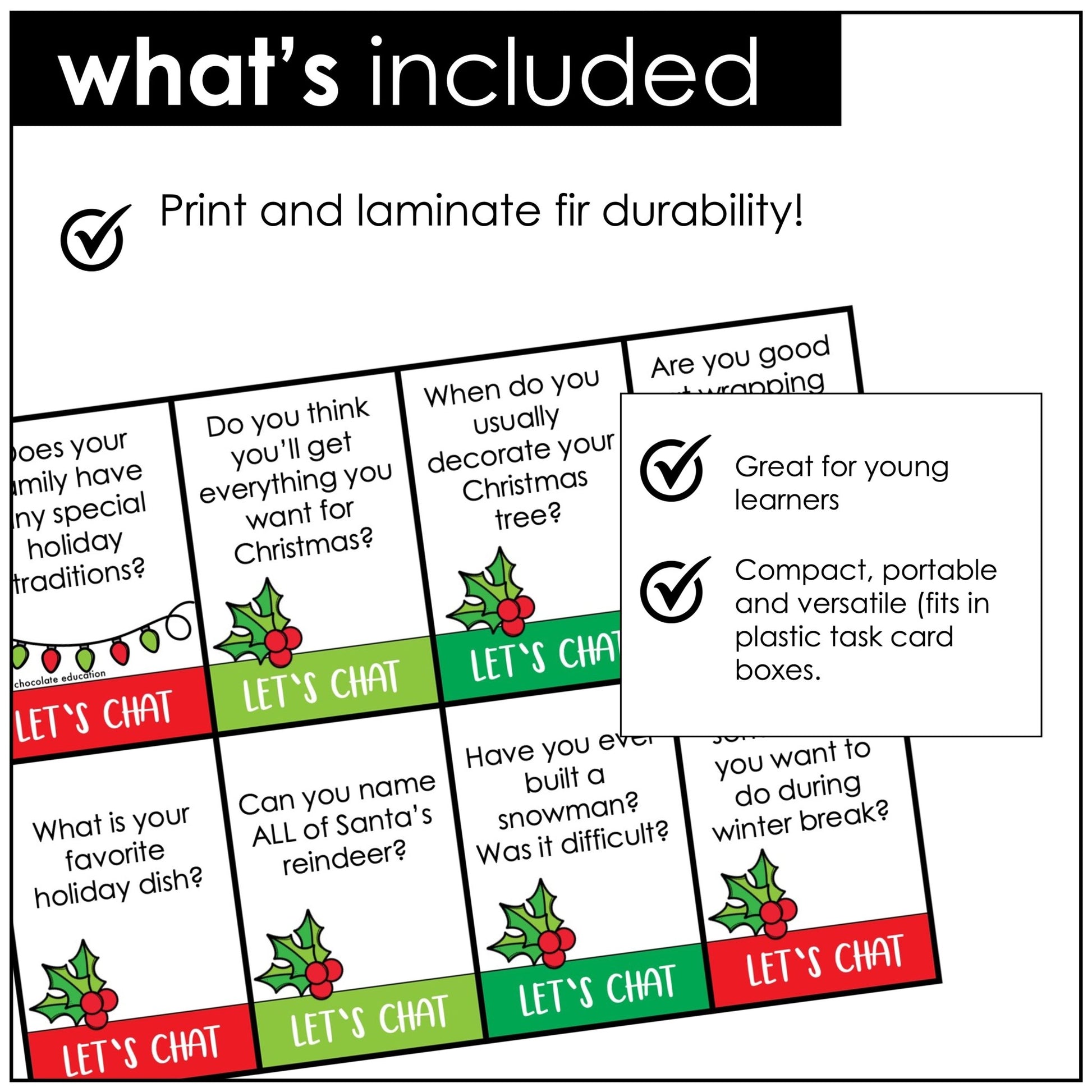 Christmas Conversation Question Card Set - 40 Cards - Hot Chocolate Teachables