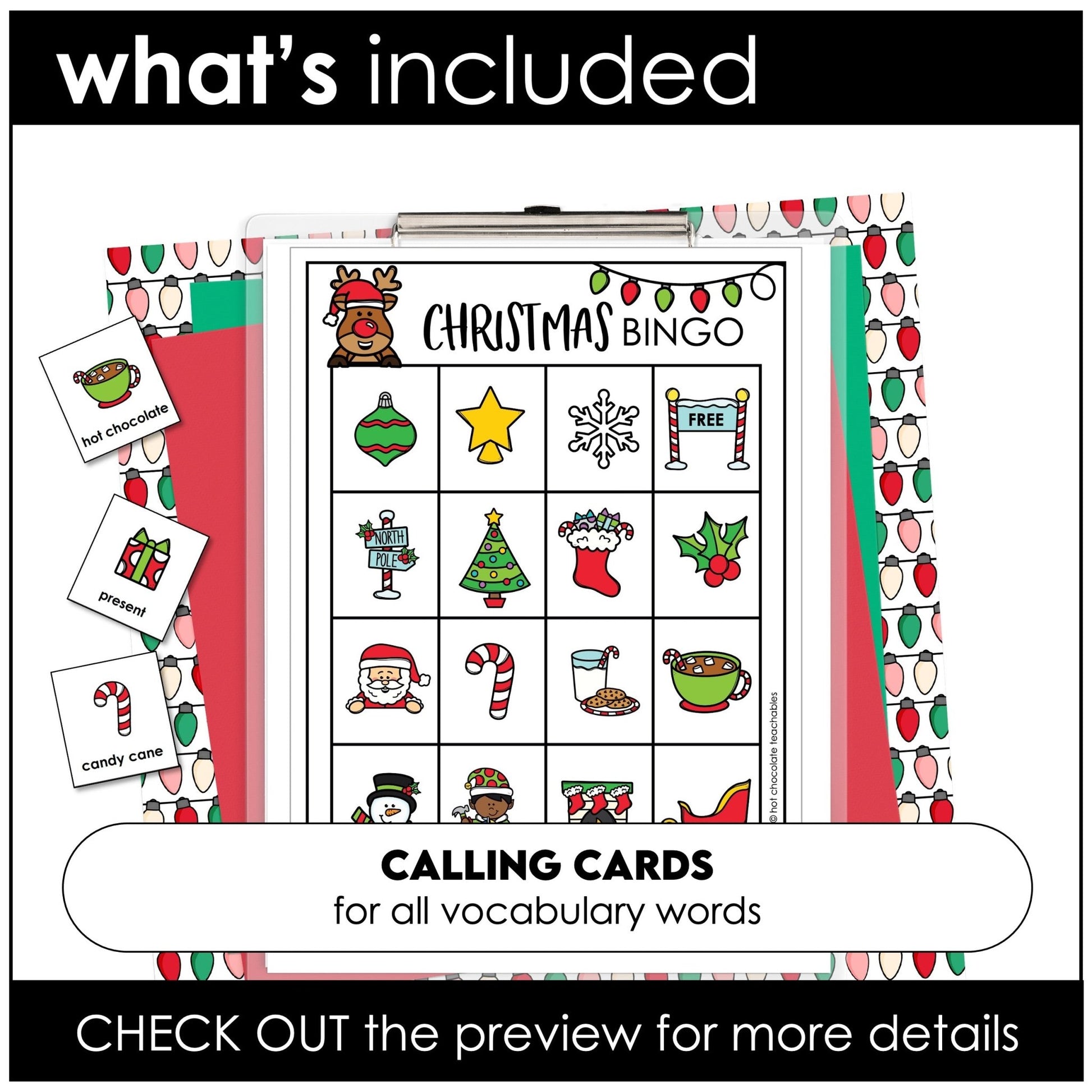 Christmas Vocabulary Building Bingo Game Cards - Hot Chocolate Teachables