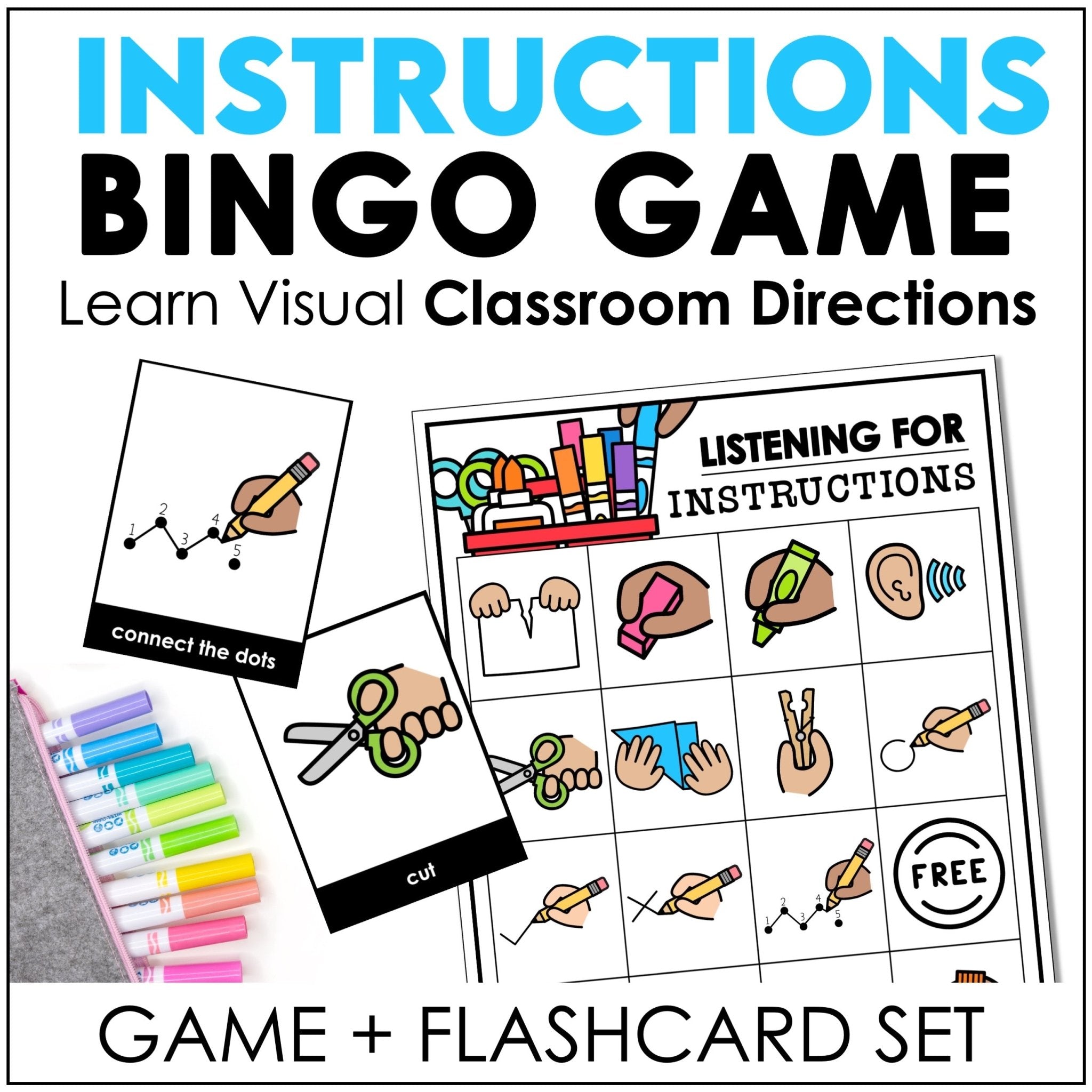 Classroom Instructions for Newcomers Bingo Game with Flashcards - Visual Directions - Hot Chocolate Teachables