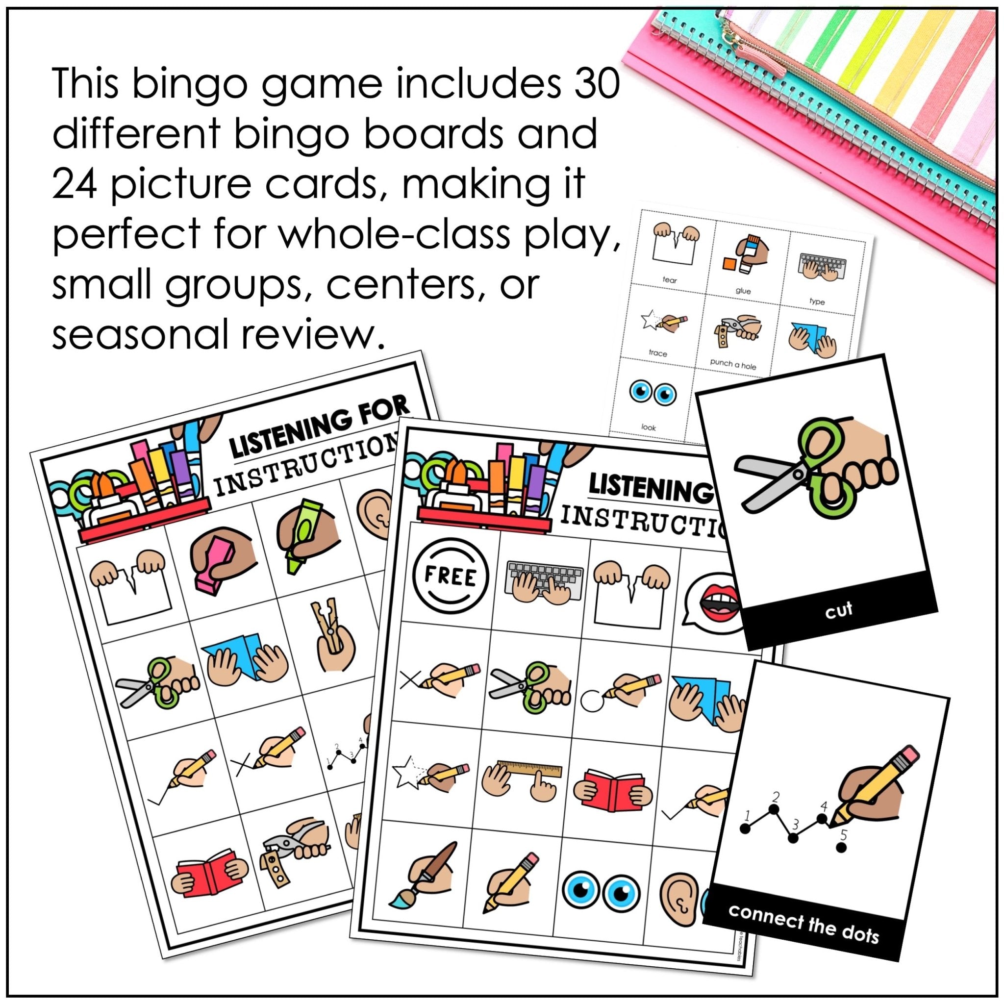 Classroom Instructions for Newcomers Bingo Game with Flashcards - Visual Directions - Hot Chocolate Teachables