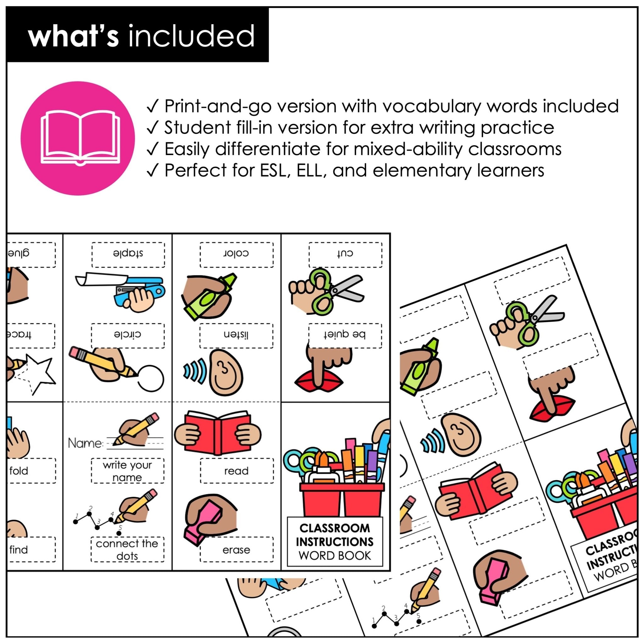 Classroom Instructions Mini Book – ESL Instructions Vocabulary & Picture Set - Hot Chocolate Teachables
