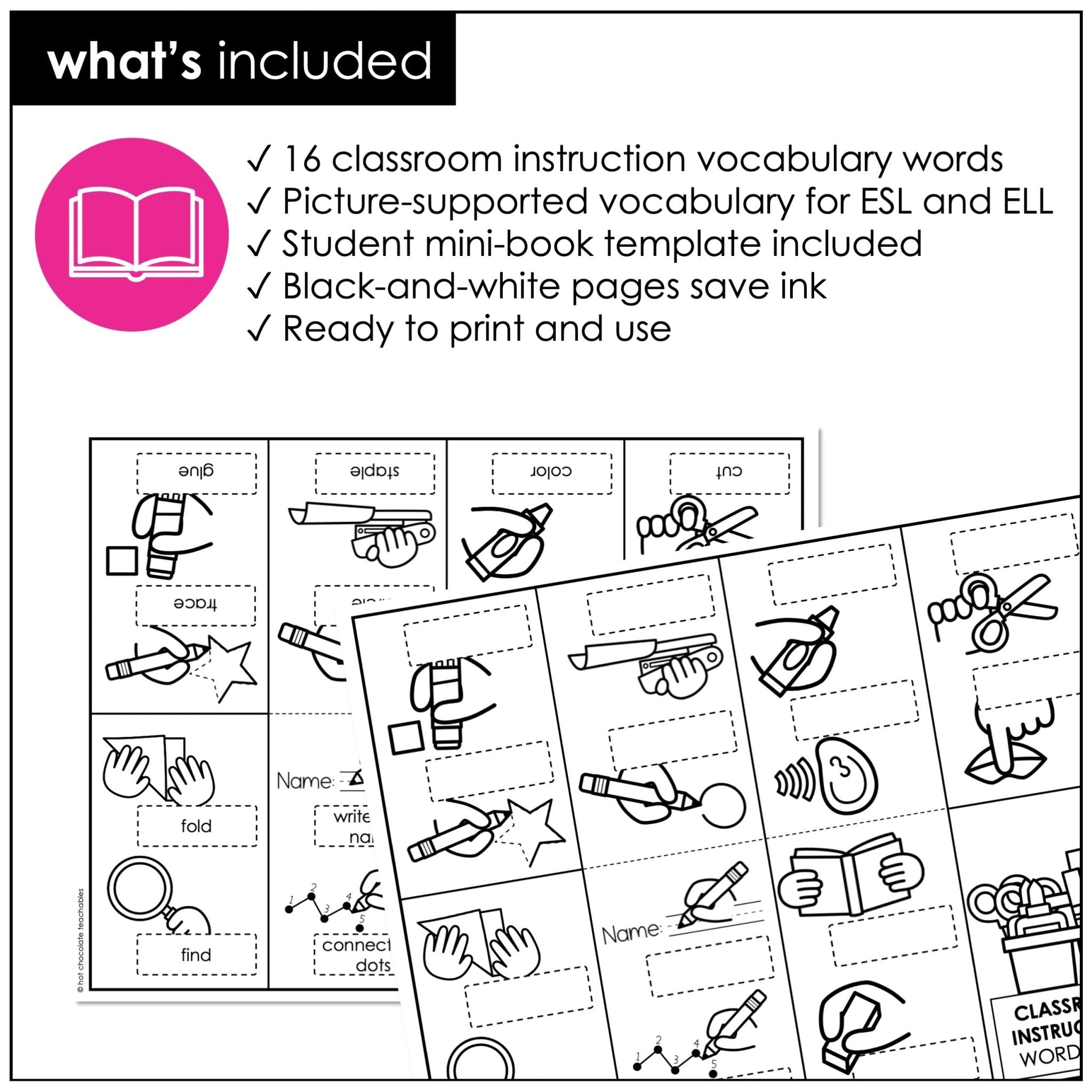 Classroom Instructions Mini Book – ESL Instructions Vocabulary & Picture Set - Hot Chocolate Teachables