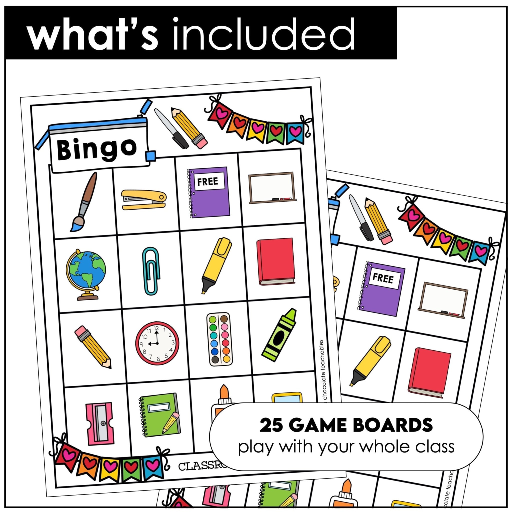 Classroom & School Supplies Bingo Game - Vocabulary Building for ELL - ESL - EFL - Hot Chocolate Teachables