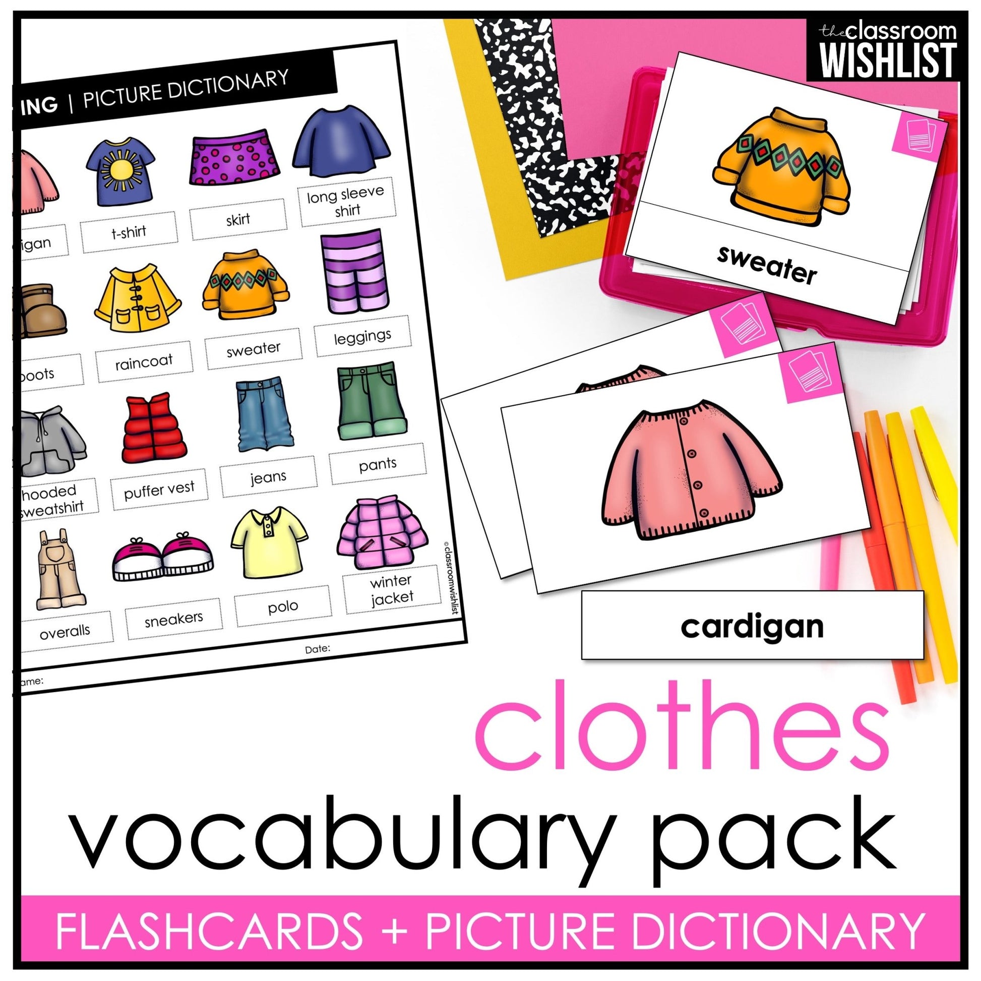 Clothes Vocabulary Pack: Flashcards & Picture Dictionary for ESL / ELL / ELA - Hot Chocolate Teachables