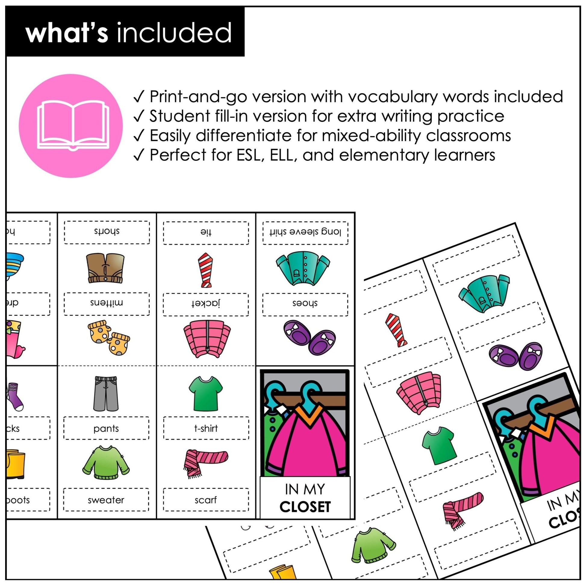 Clothing Vocabulary Mini-Book – ESL Picture Dictionary for Basic Clothes Words - Hot Chocolate Teachables