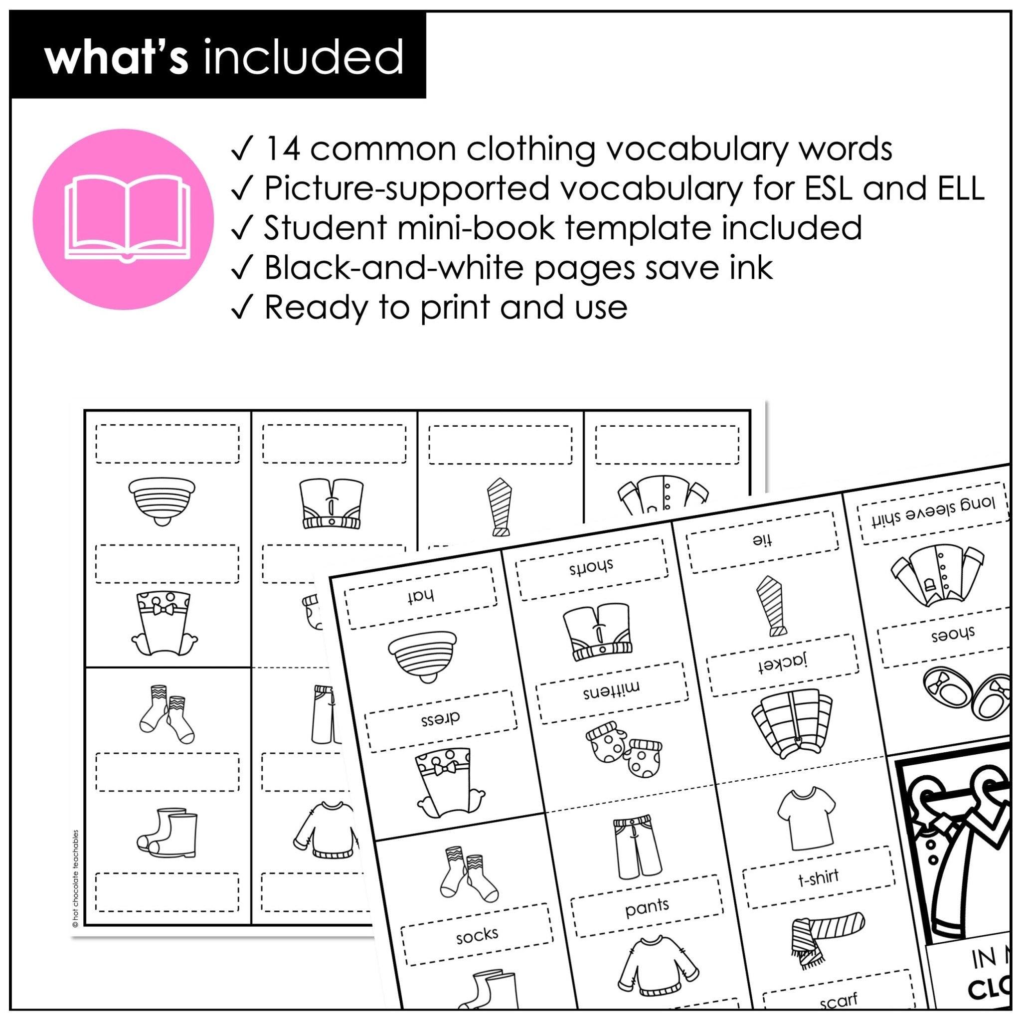 Clothing Vocabulary Mini-Book – ESL Picture Dictionary for Basic Clothes Words - Hot Chocolate Teachables
