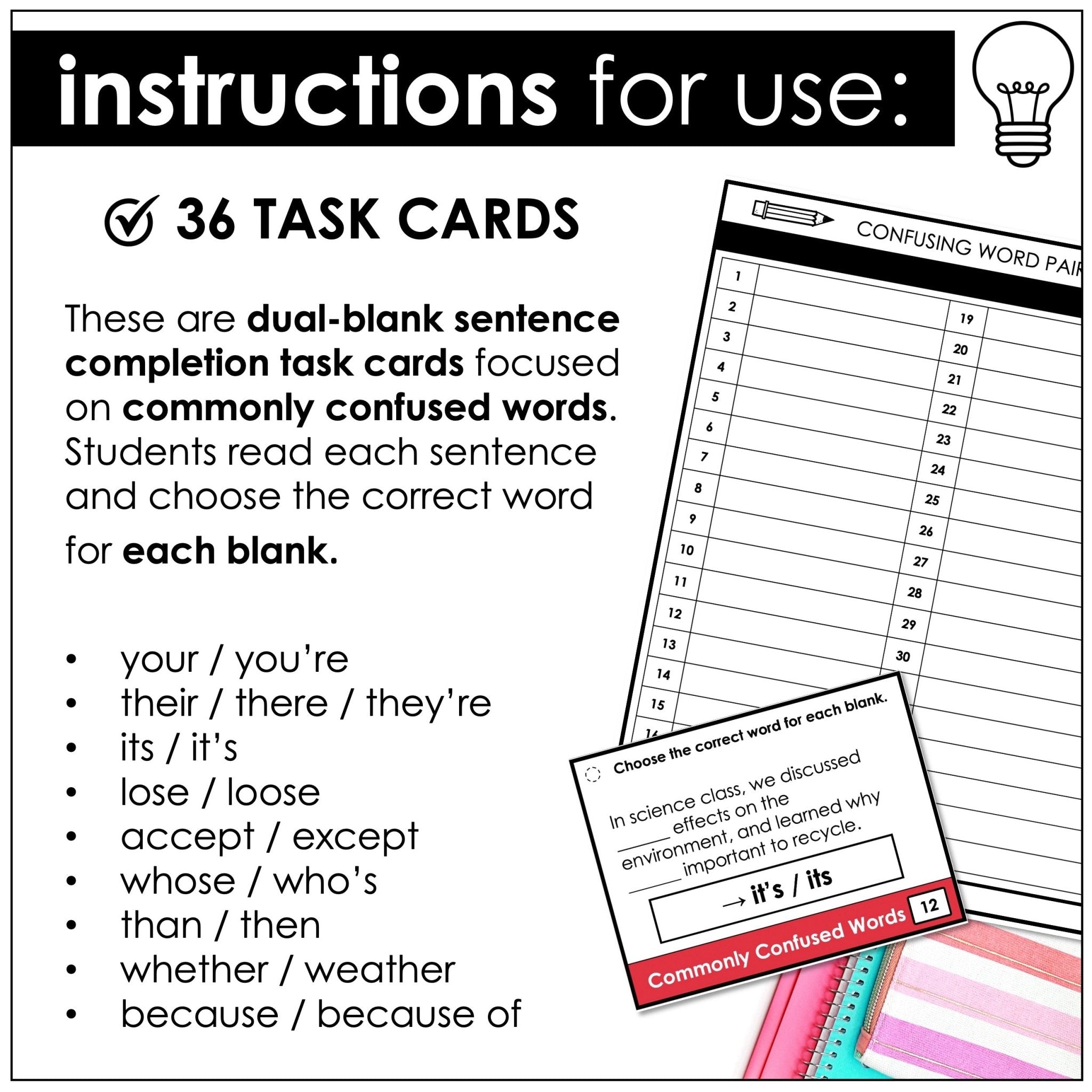 Commonly Confused Words & Homophones Task Cards – ESL Grammar (B1–B2) - Hot Chocolate Teachables