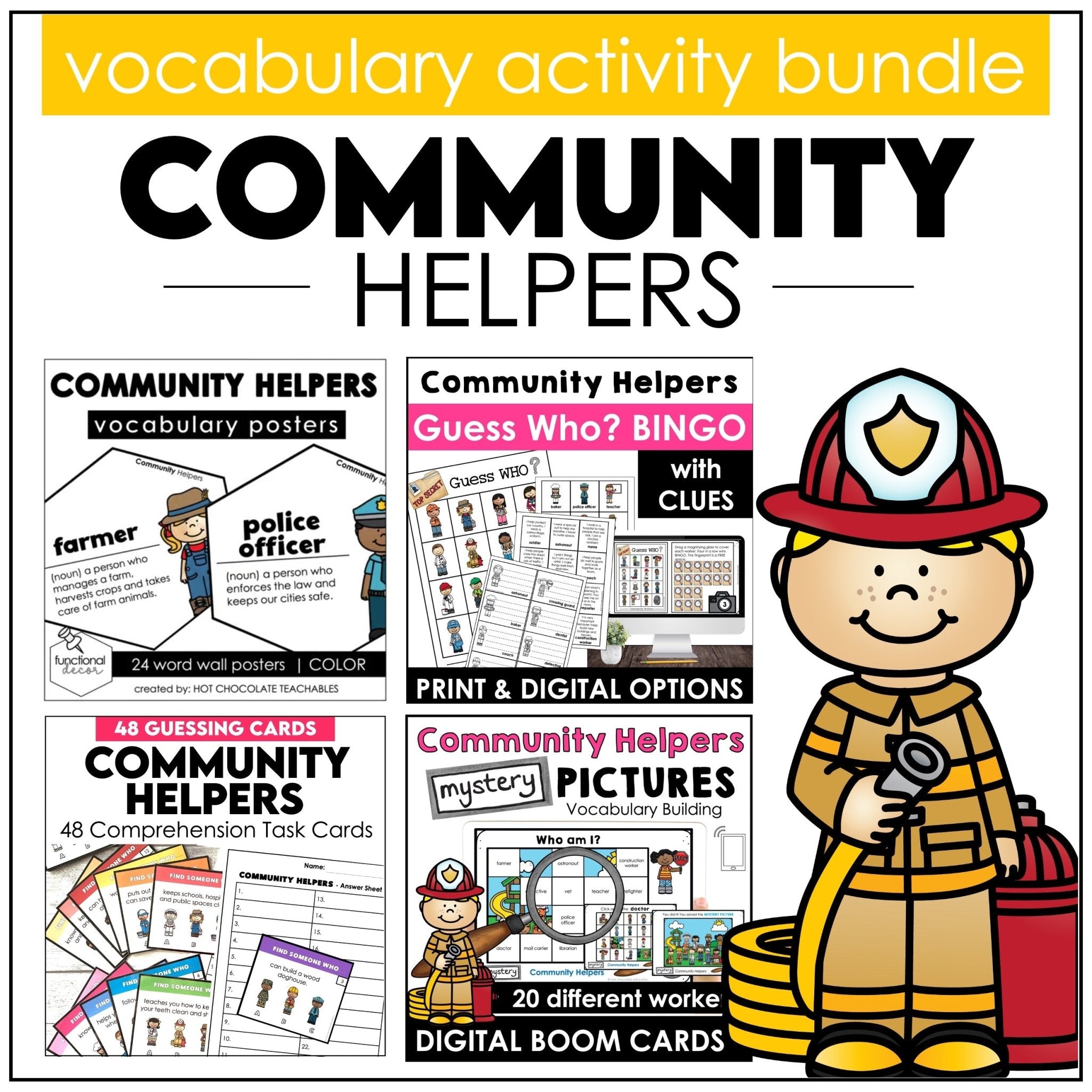 Community Helpers Activity Pack: Posters | Games | Task Cards & Activity Bundle - Hot Chocolate Teachables
