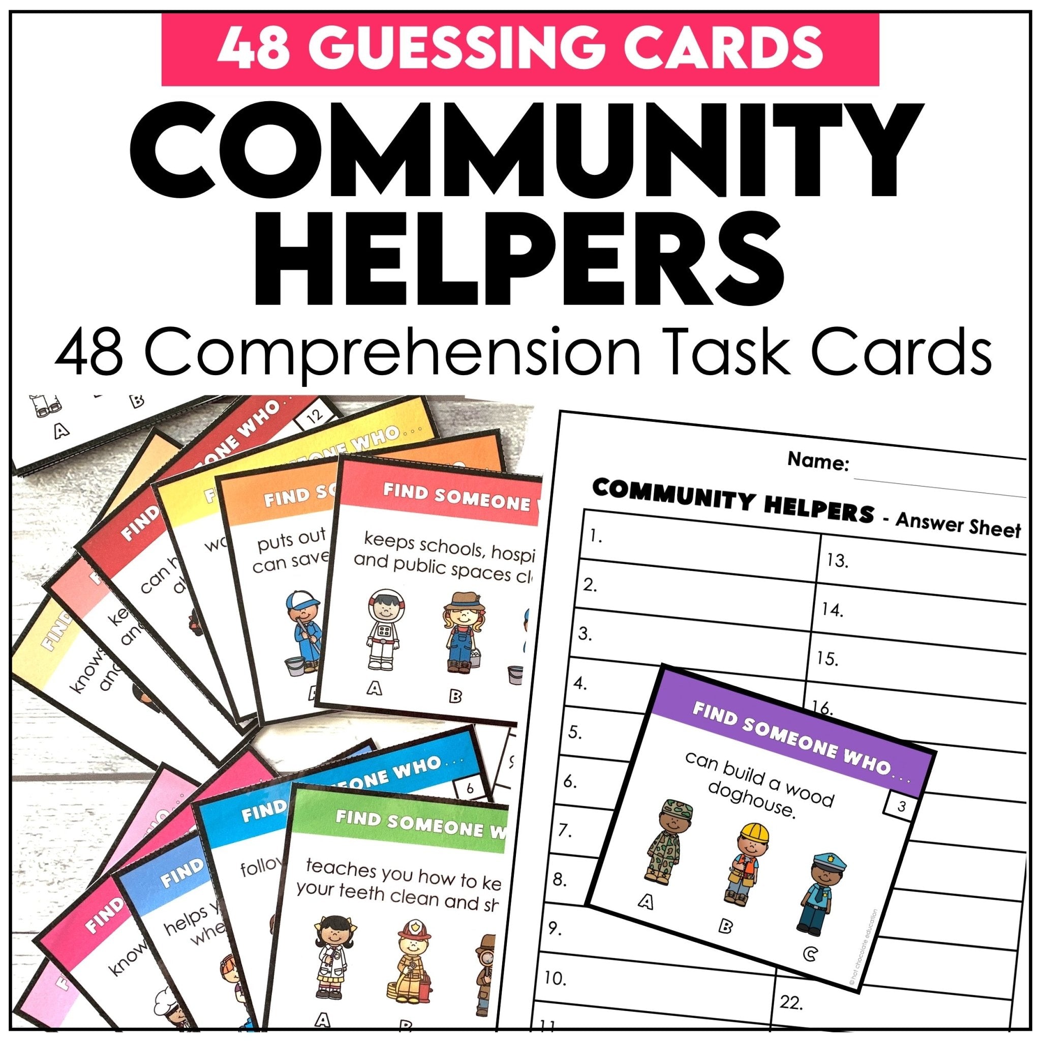 Community Helpers Comprehension Task Cards - Jobs - Hot Chocolate Teachables