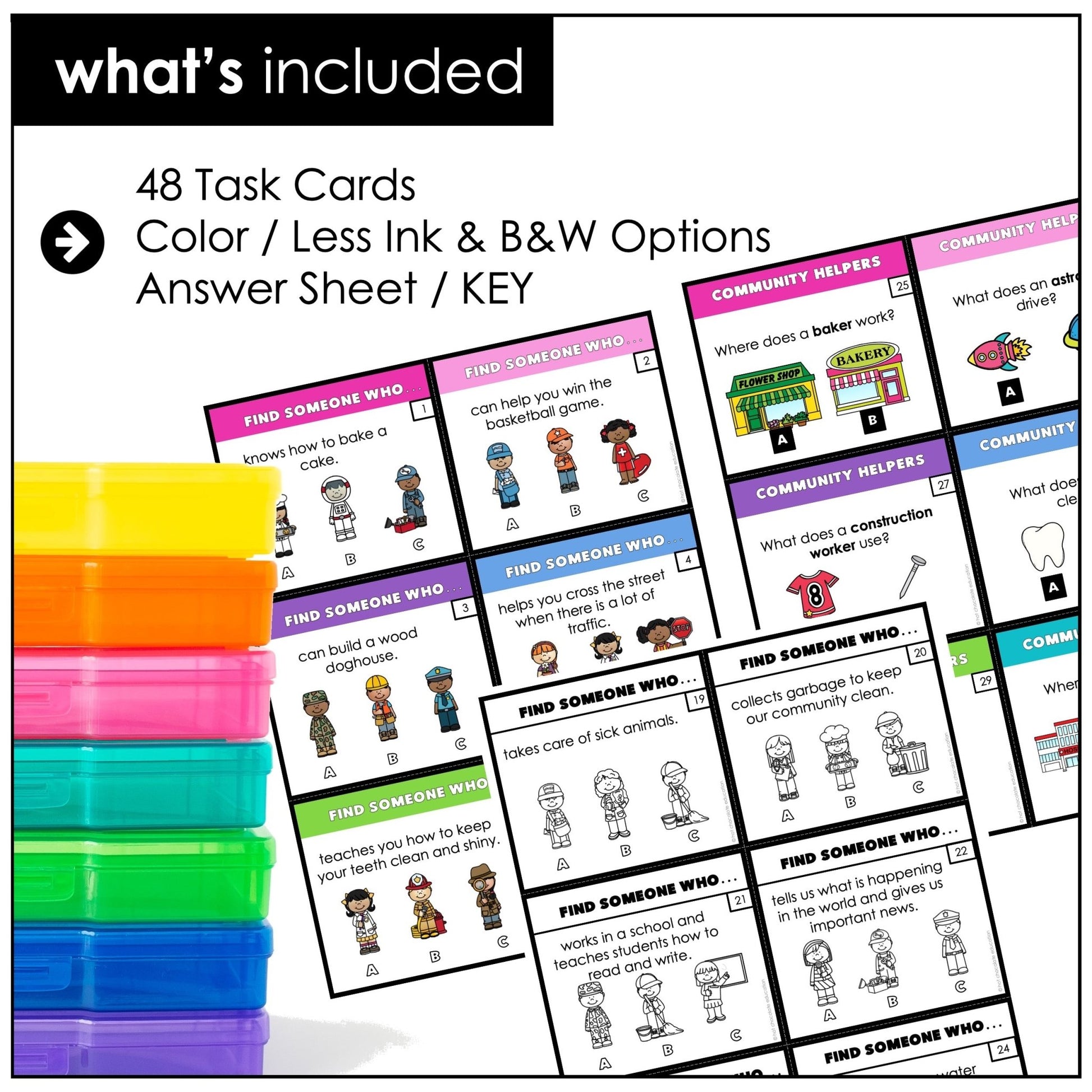 Community Helpers Comprehension Task Cards - Jobs - Hot Chocolate Teachables