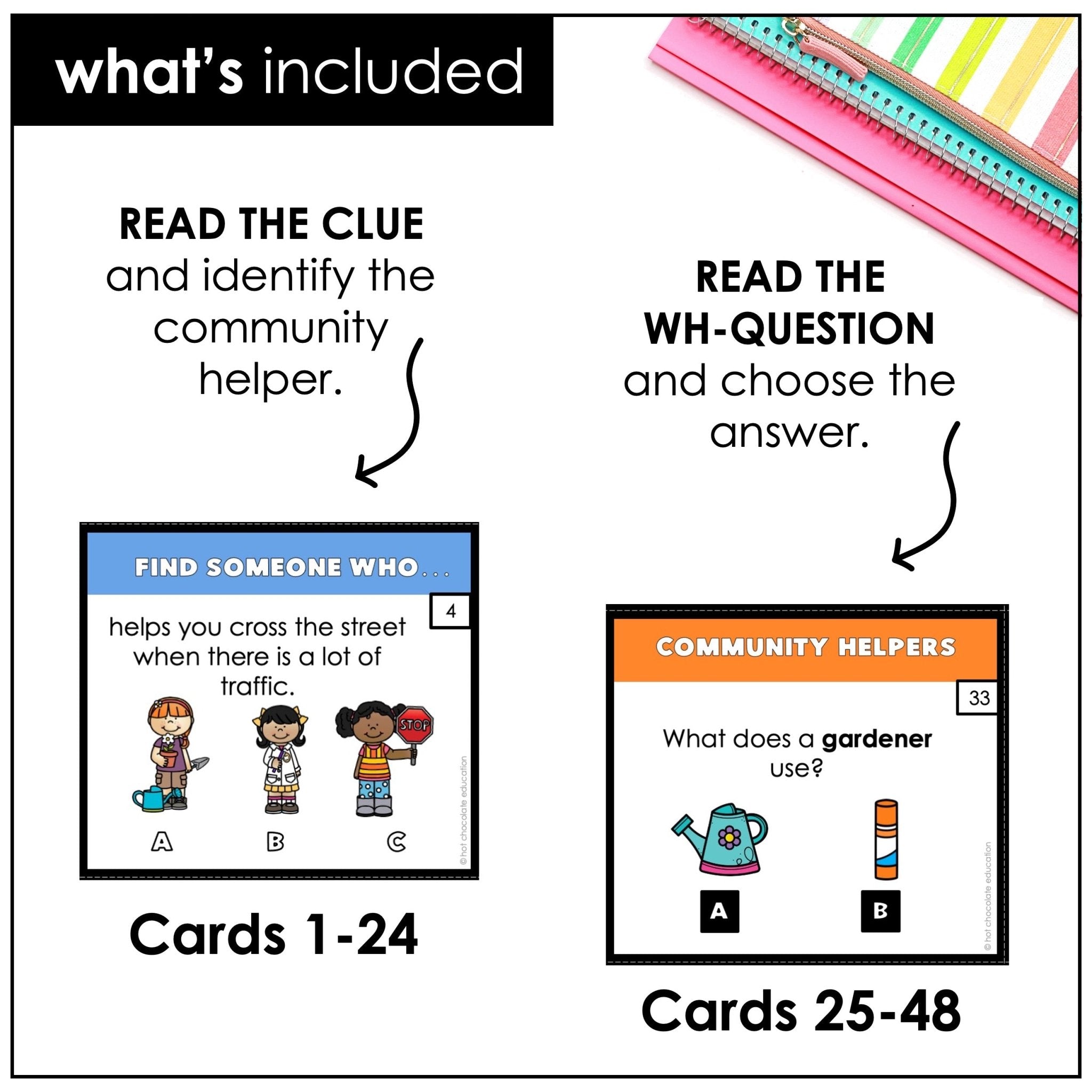 Community Helpers Comprehension Task Cards - Jobs - Hot Chocolate Teachables