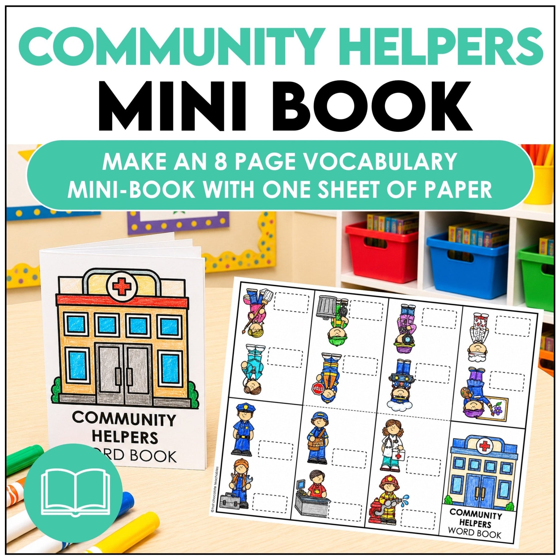 Community Helpers Vocabulary Mini-Book | Jobs & Occupations Picture Dictionary - Hot Chocolate Teachables