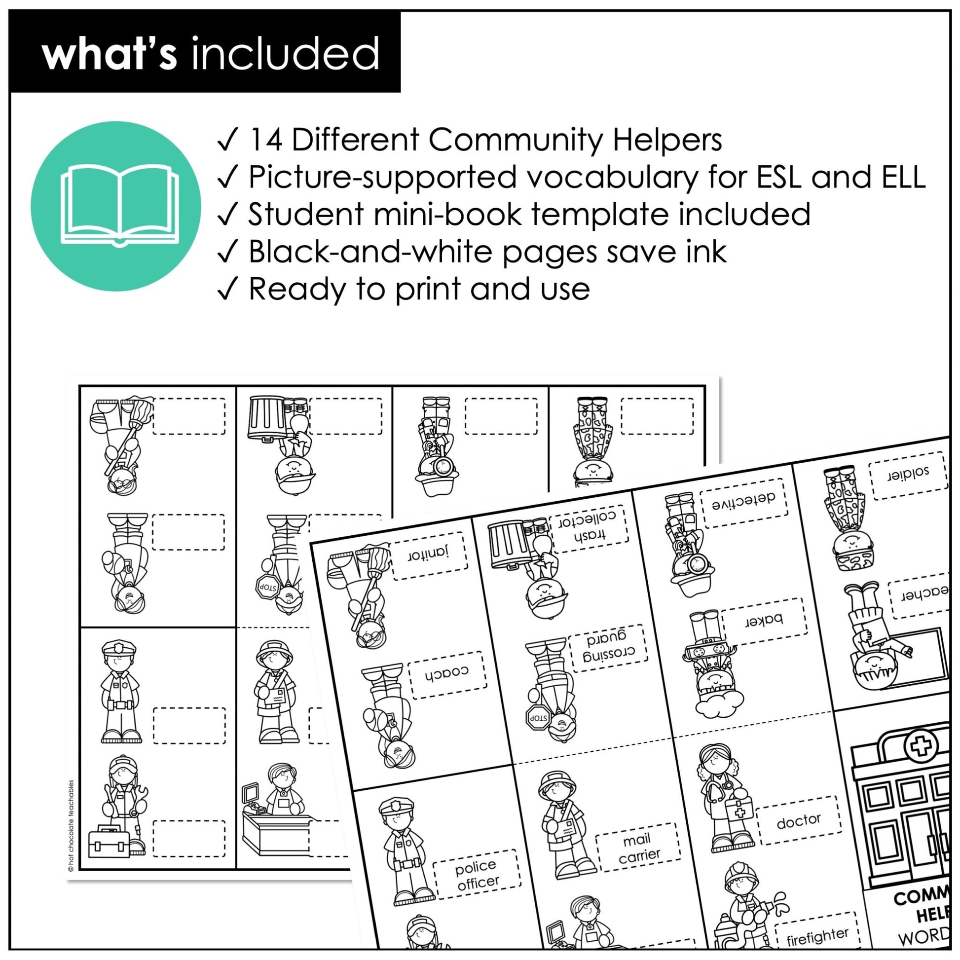 Community Helpers Vocabulary Mini-Book | Jobs & Occupations Picture Dictionary - Hot Chocolate Teachables