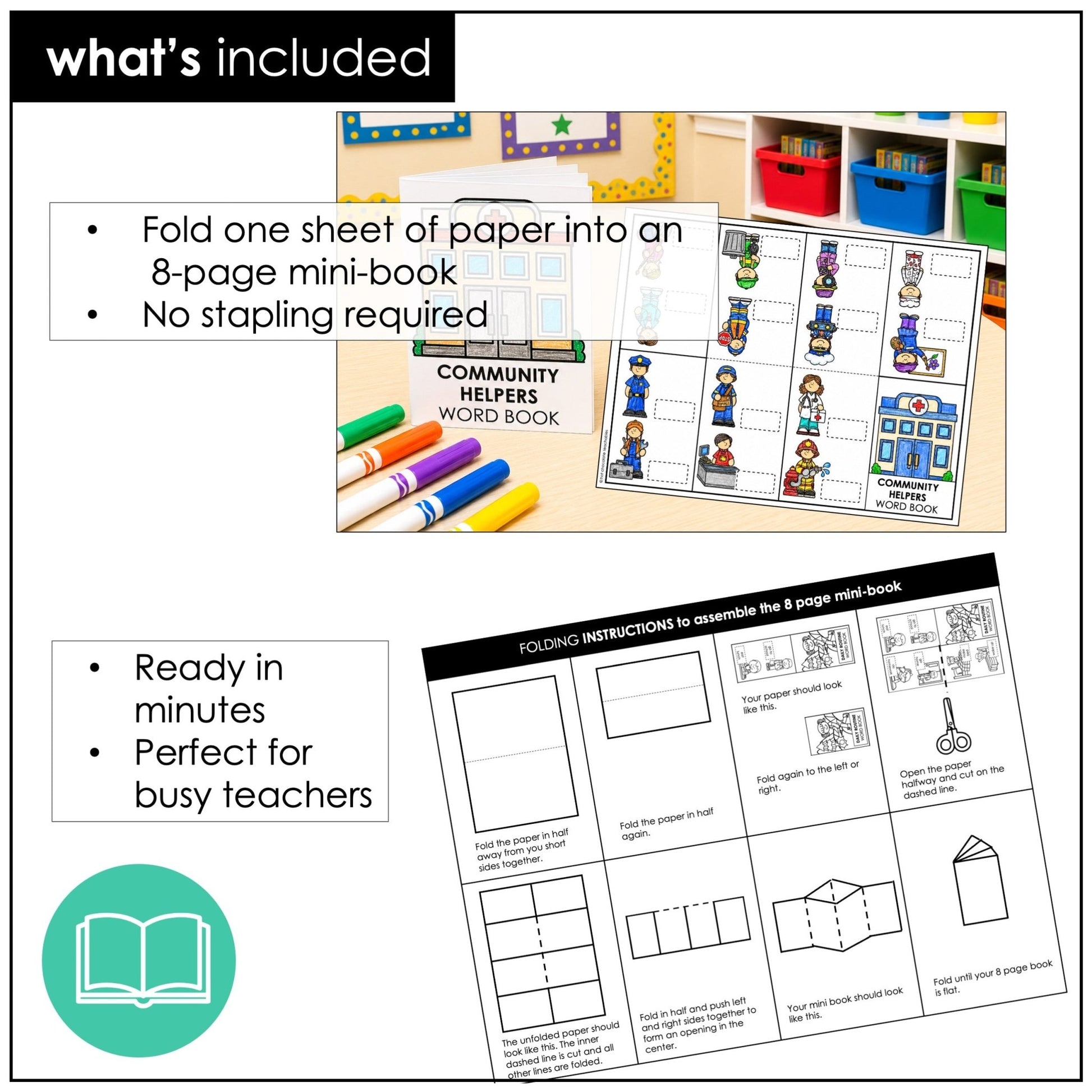 Community Helpers Vocabulary Mini-Book | Jobs & Occupations Picture Dictionary - Hot Chocolate Teachables