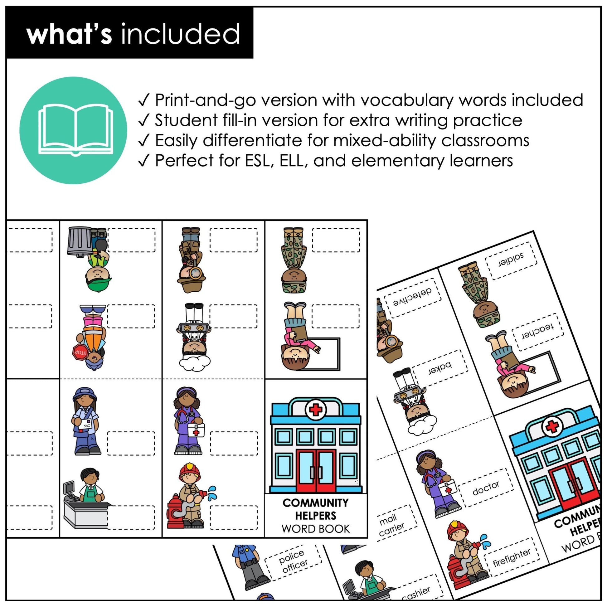 Community Helpers Vocabulary Mini-Book | Jobs & Occupations Picture Dictionary - Hot Chocolate Teachables