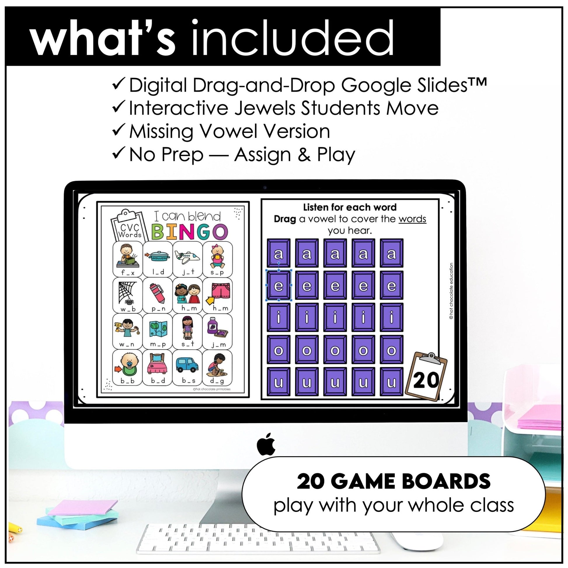 CVC WORD FLUENCY Bingo Game: Short A - E - I - O - U | Print & Digital - Hot Chocolate Teachables