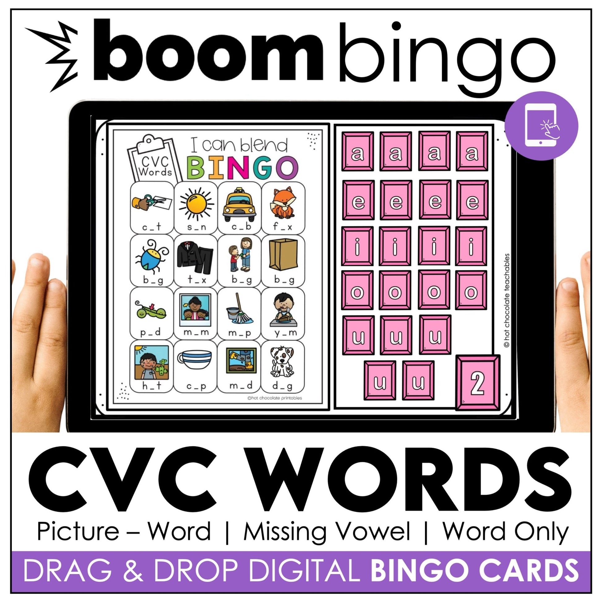 CVC Word Fluency for ESL Digital Bingo Game - Boom Cards - Short Vowels - Hot Chocolate Teachables