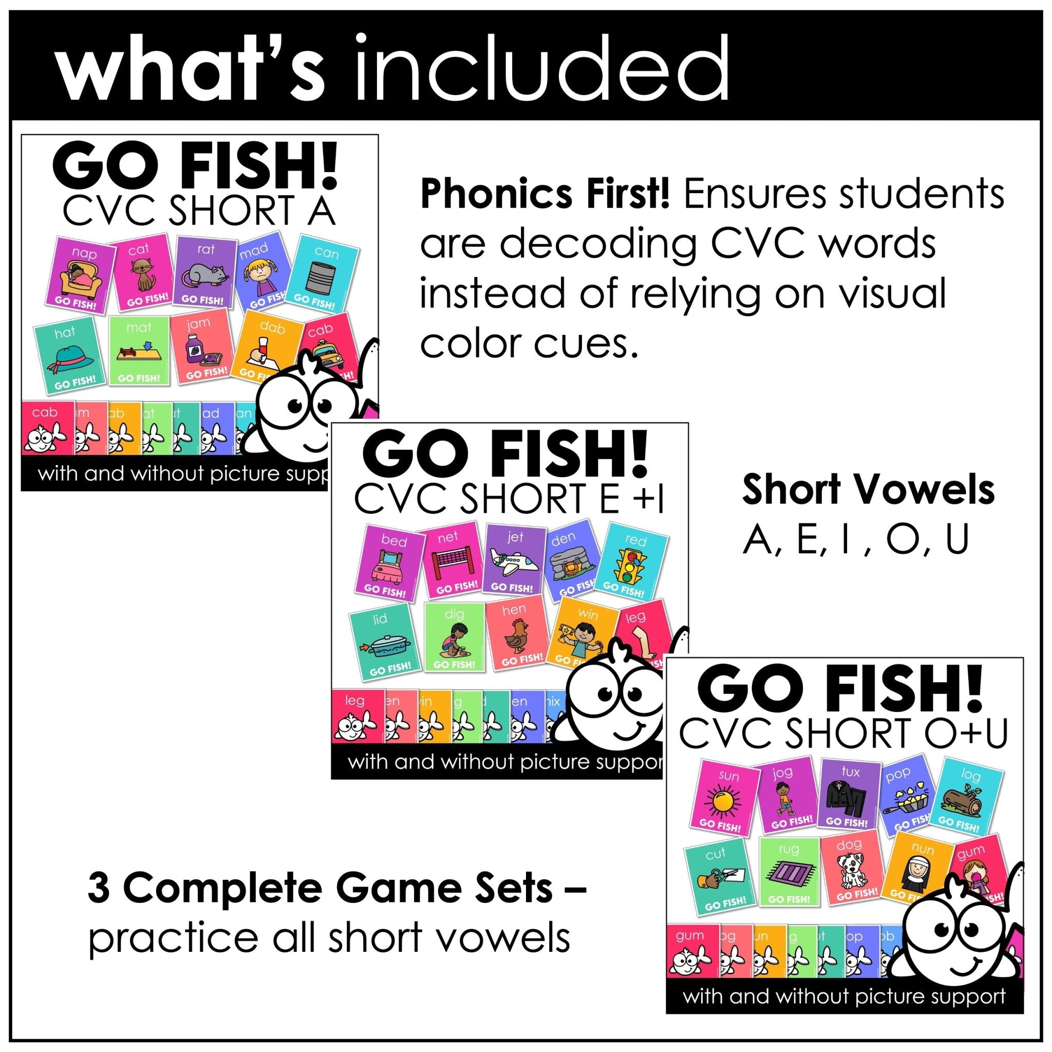 CVC Word Game Bundle – Go Fish Literacy Card Games for Short Vowels A, E, I, O, U - Hot Chocolate Teachables