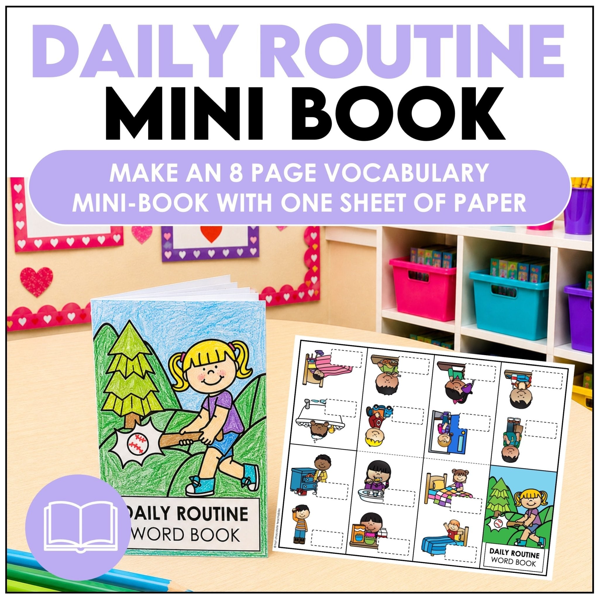 Daily Routine Home & School Mini Verb Book | ESL Picture Dictionary Activity - Hot Chocolate Teachables
