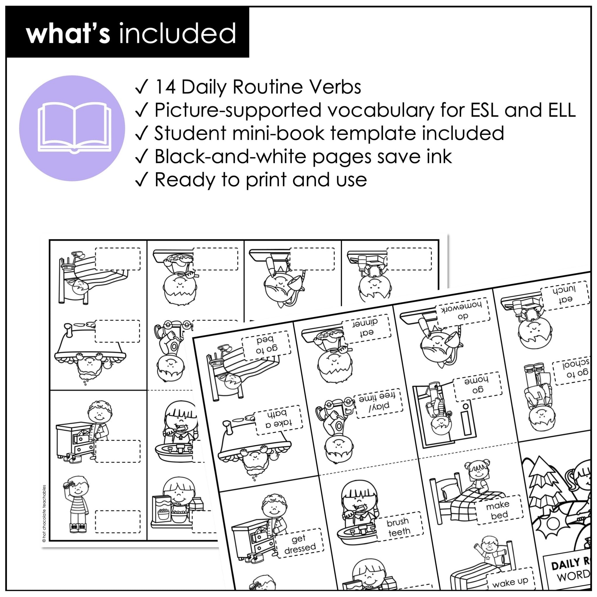 Daily Routine Home & School Mini Verb Book | ESL Picture Dictionary Activity - Hot Chocolate Teachables