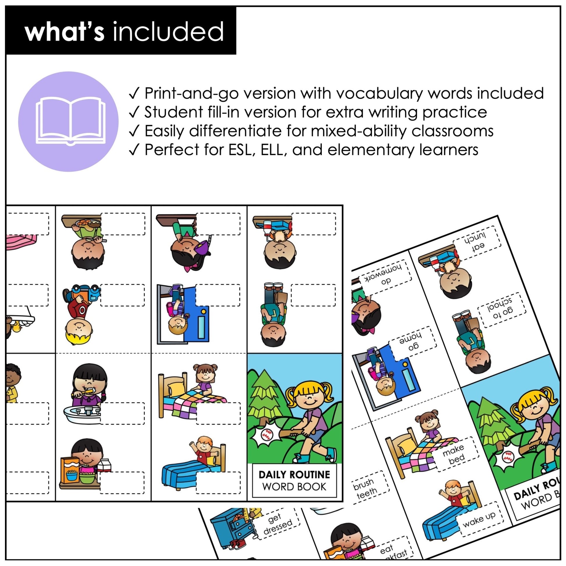 Daily Routine Home & School Mini Verb Book | ESL Picture Dictionary Activity - Hot Chocolate Teachables