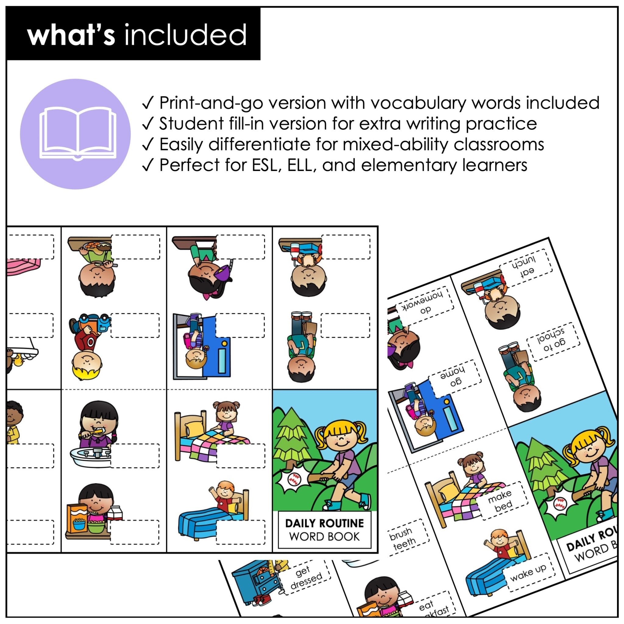Daily Routine Home & School Mini Verb Book | ESL Picture Dictionary Activity - Hot Chocolate Teachables