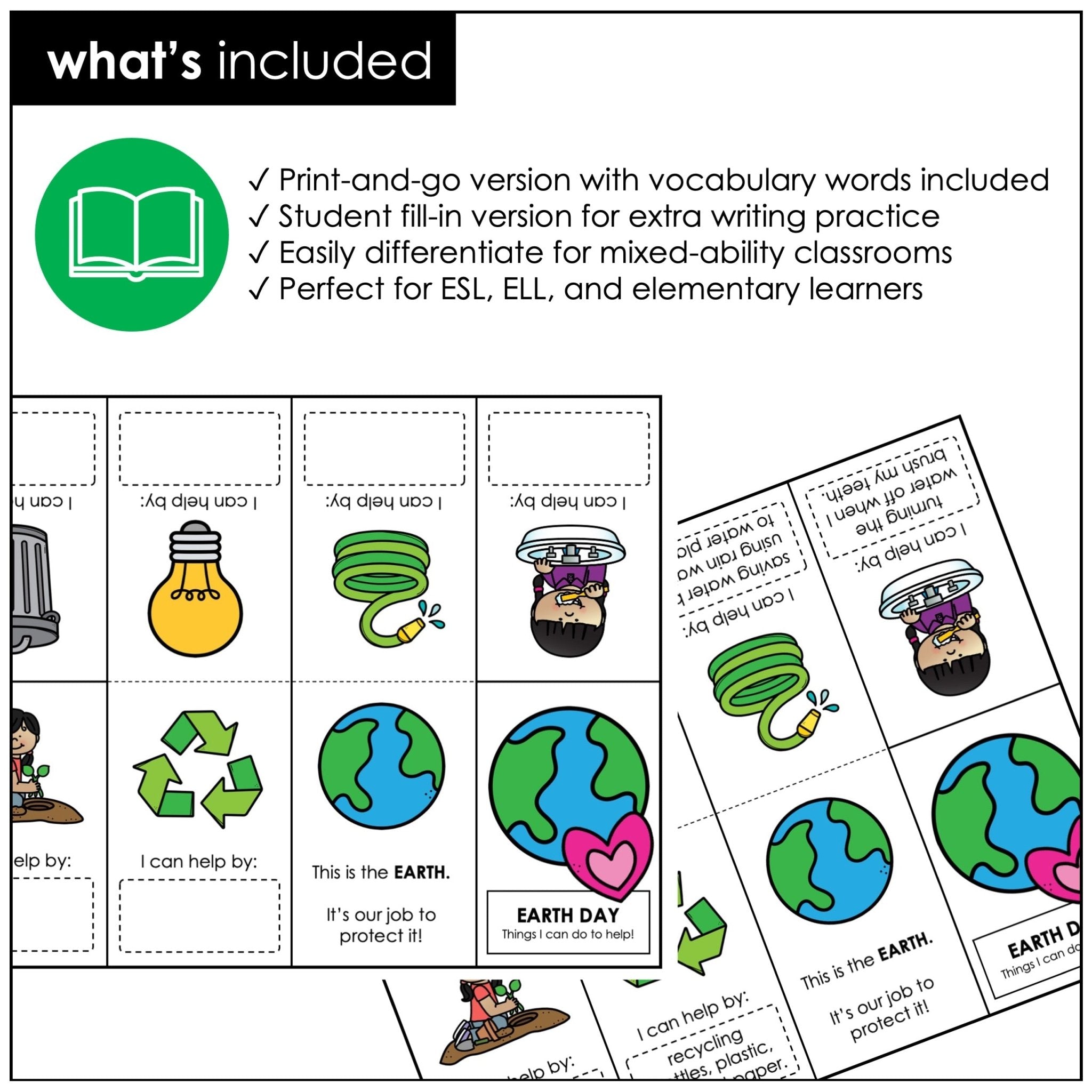 Earth Day Foldable Mini Book Template | ESL Simple Writing Activity - Hot Chocolate Teachables