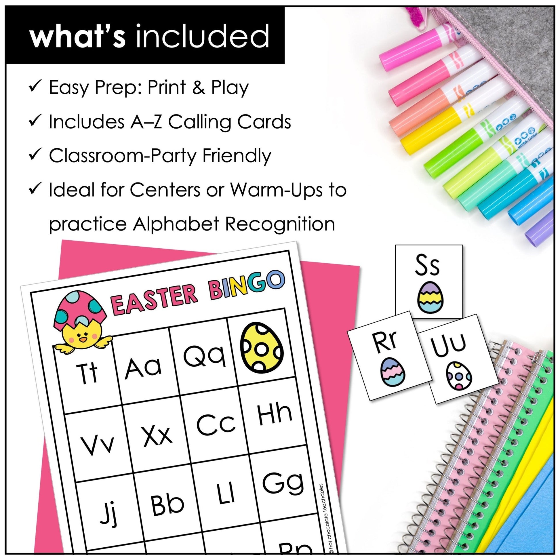 Easter Alphabet Recognition Bingo Game - Uppercase & Lowercase Letters - Hot Chocolate Teachables
