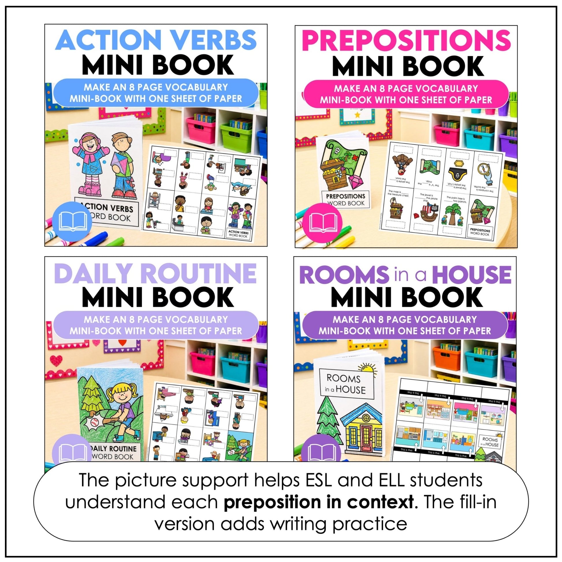 ESL Basic Vocabulary Mini-Books | Seasons, Food, House, Verbs, School, Routine - Hot Chocolate Teachables
