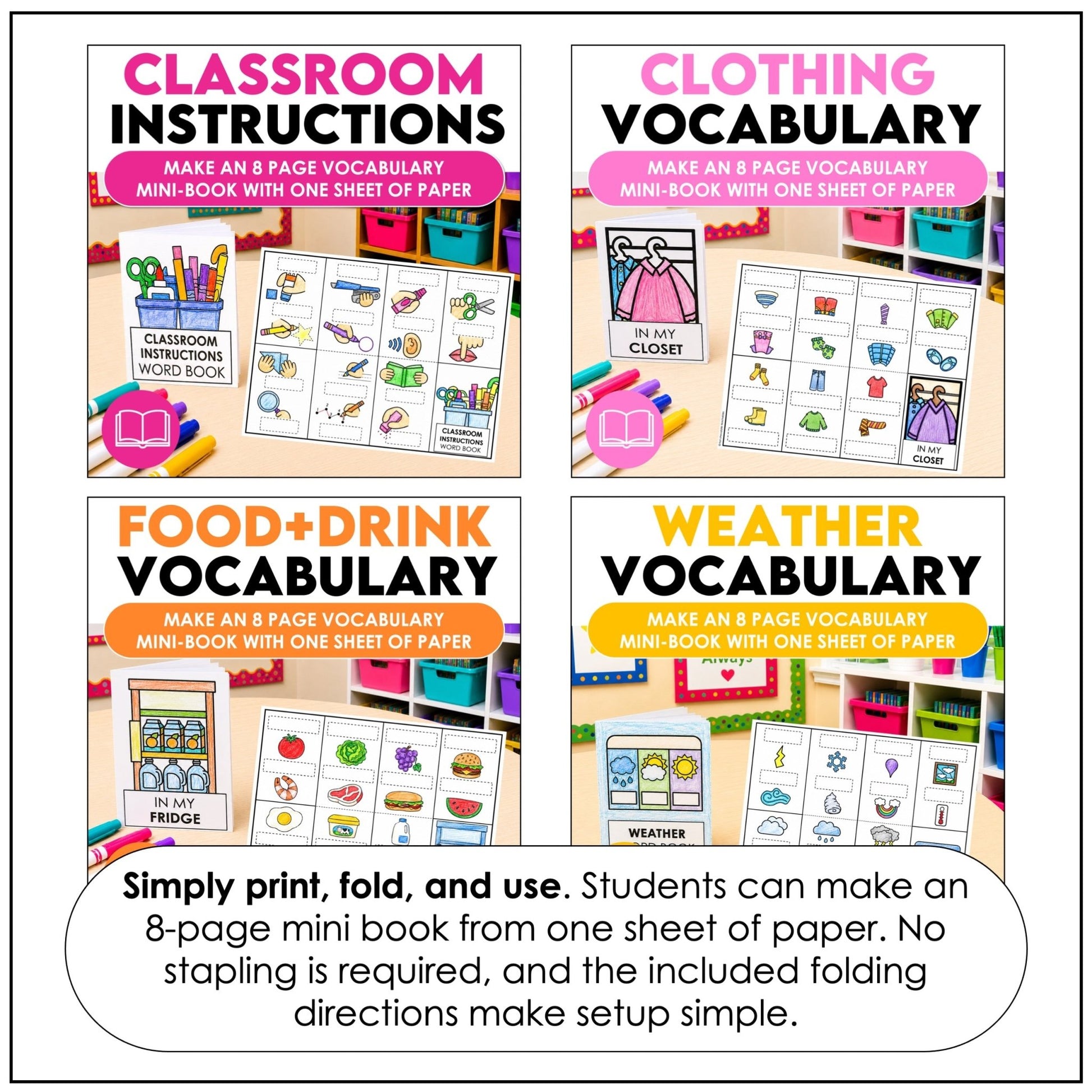 ESL Basic Vocabulary Mini-Books | Seasons, Food, House, Verbs, School, Routine - Hot Chocolate Teachables