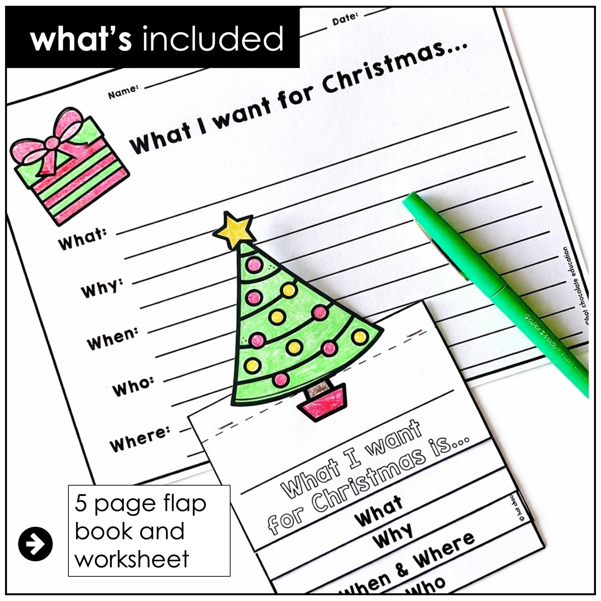 ESL Christmas Writing Activity | WH Question Flap Book | What - Where - When - Why - Who - Hot Chocolate Teachables