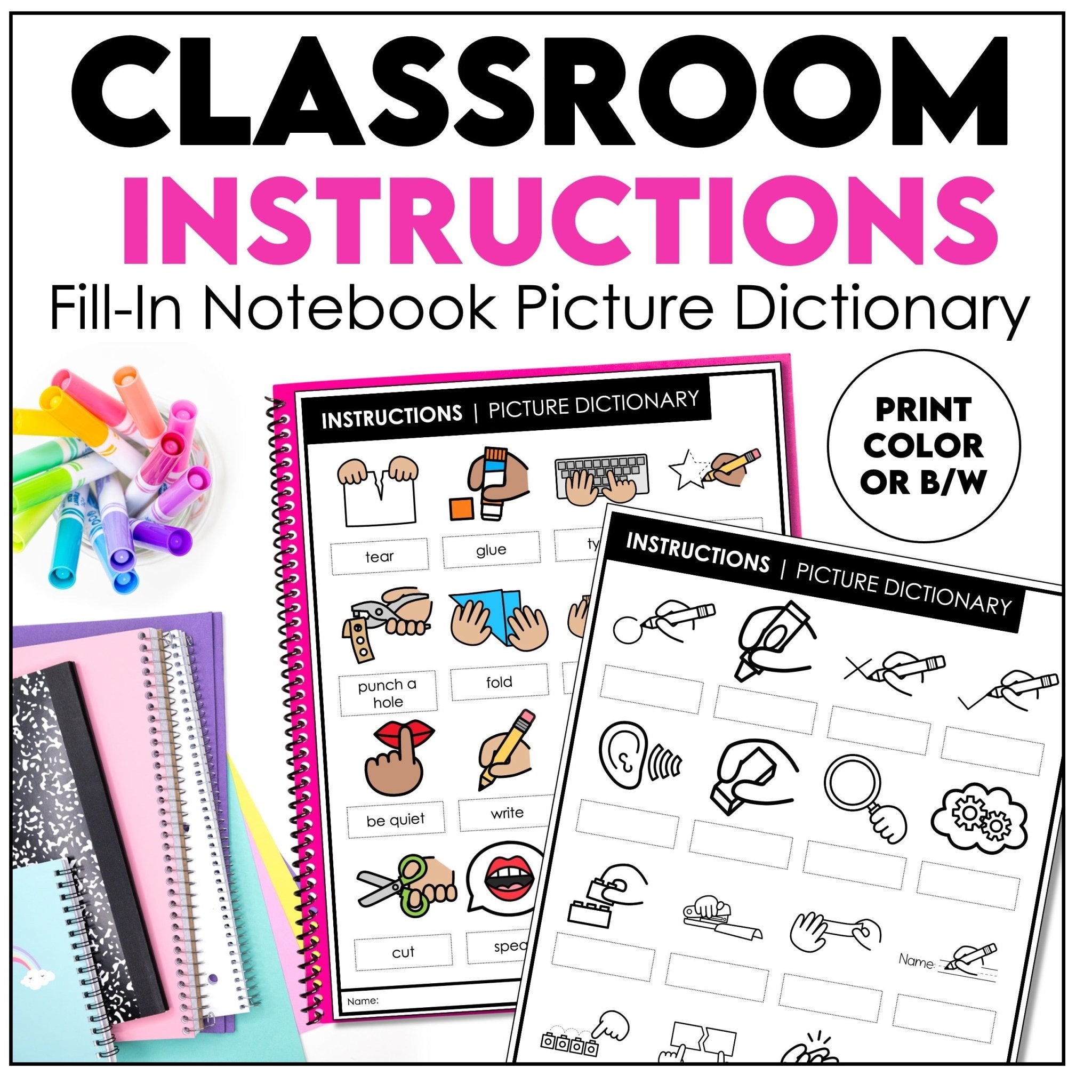 ESL Classroom Instructions Picture Dictionary | Visual Directions Vocabulary Notebook Insert - Hot Chocolate Teachables