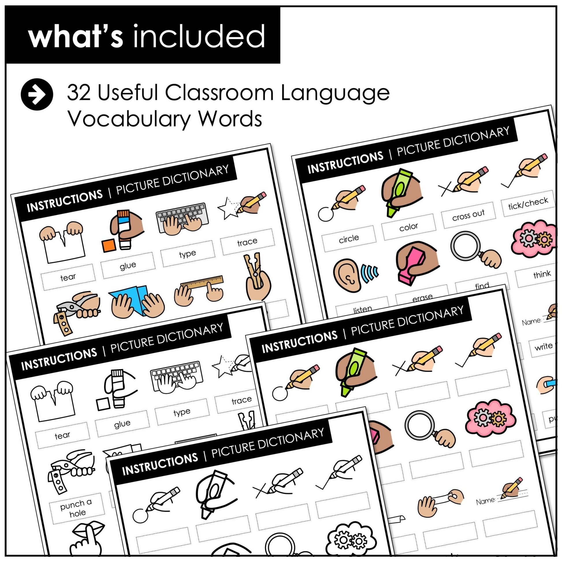 ESL Classroom Instructions Picture Dictionary | Visual Directions Vocabulary Notebook Insert - Hot Chocolate Teachables