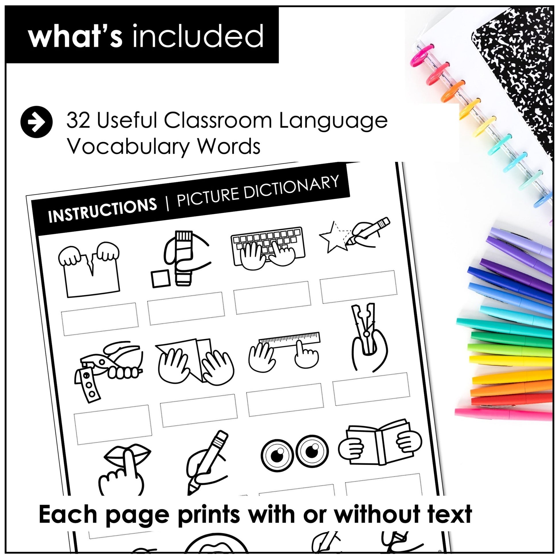 ESL Classroom Instructions Picture Dictionary | Visual Directions Vocabulary Notebook Insert - Hot Chocolate Teachables