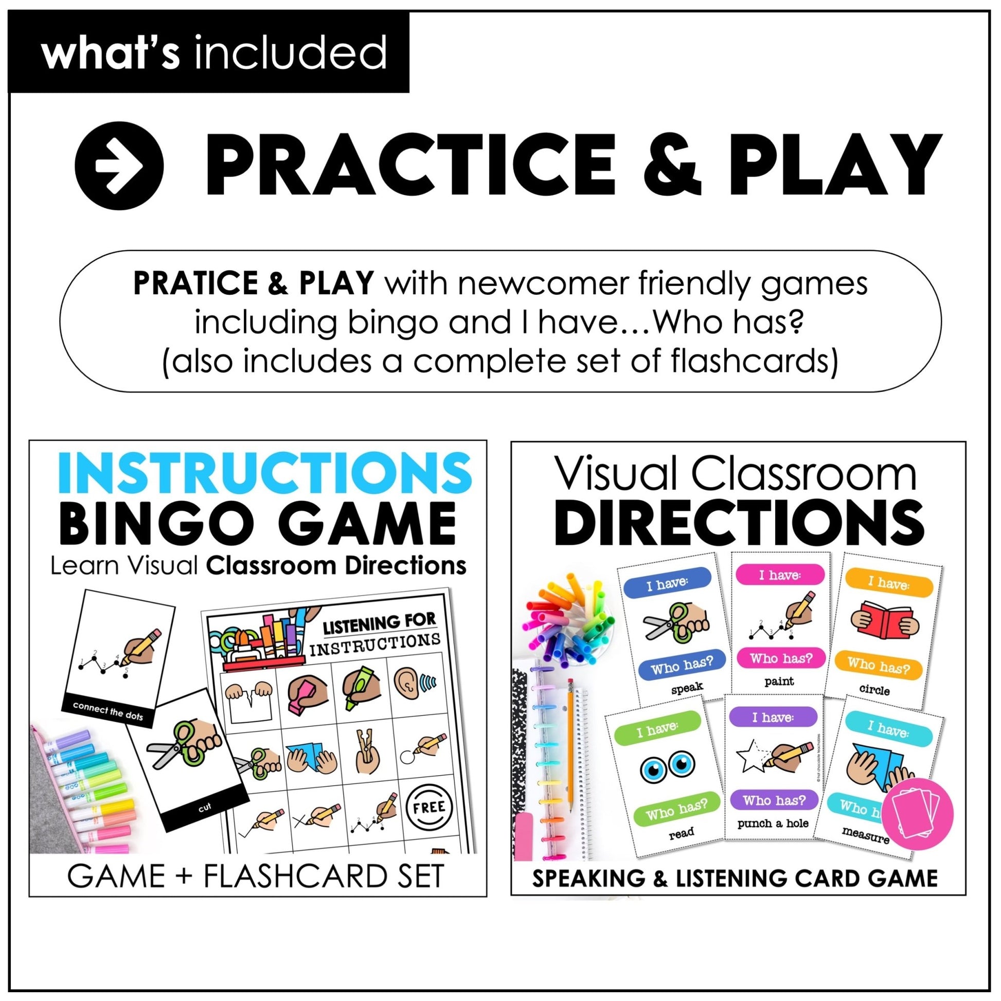 ESL Classroom Instructions Vocabulary Bundle | Word Wall Posters + Games - Hot Chocolate Teachables