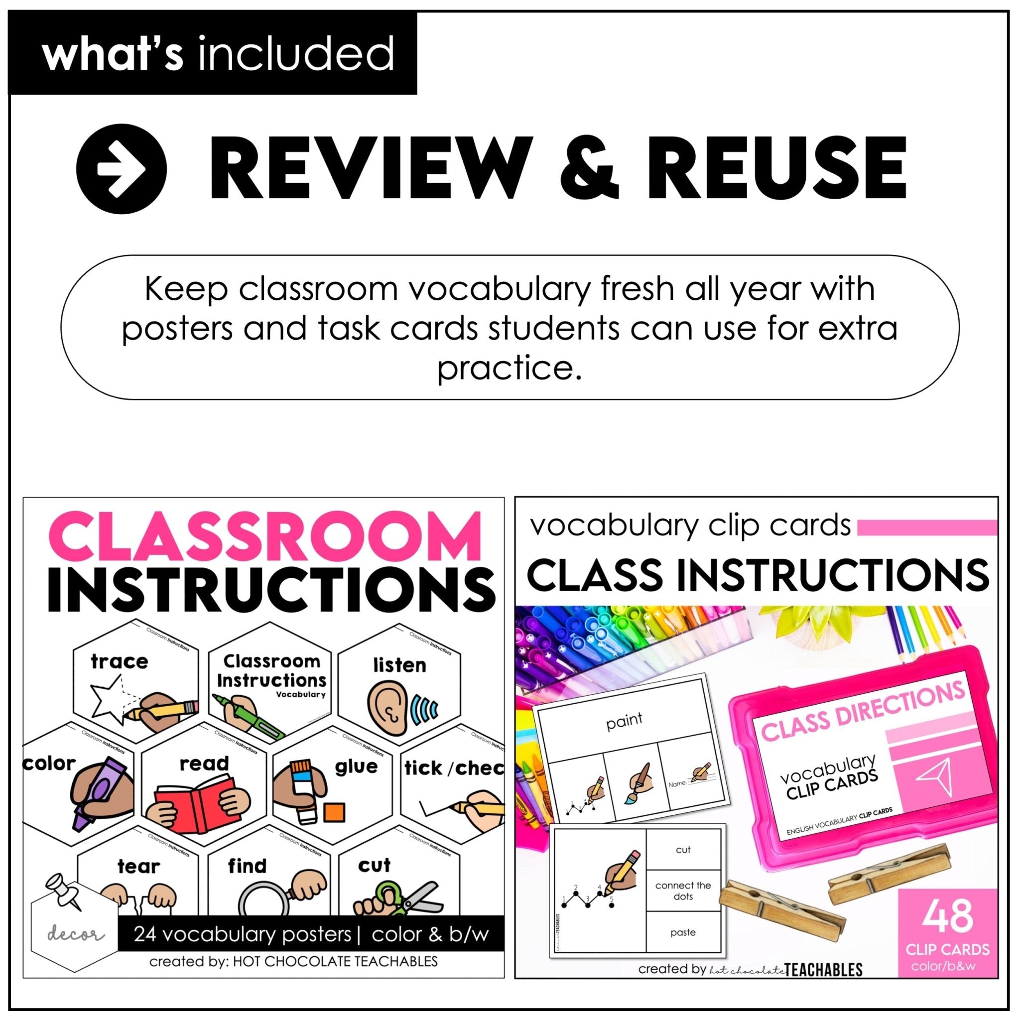 ESL Classroom Instructions Vocabulary Bundle | Word Wall Posters + Games - Hot Chocolate Teachables